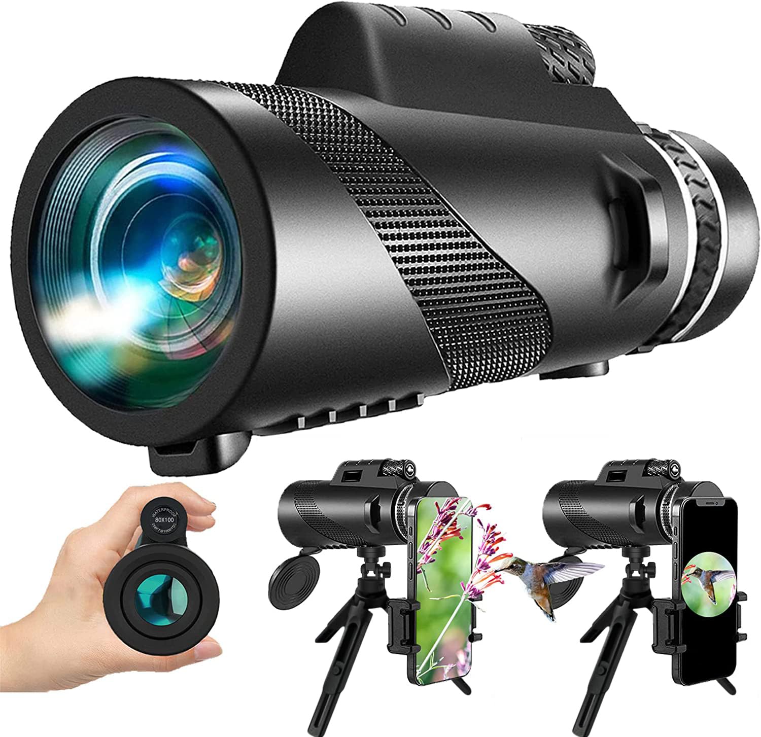 PhysioPhyx 80x100 Monocular-Telescope High Powered for Smartphone Monoculars for Adults High Definition Monocular Telescope for Stargazing Hunting Wildlife Bird Watching Travel Camping Hiking