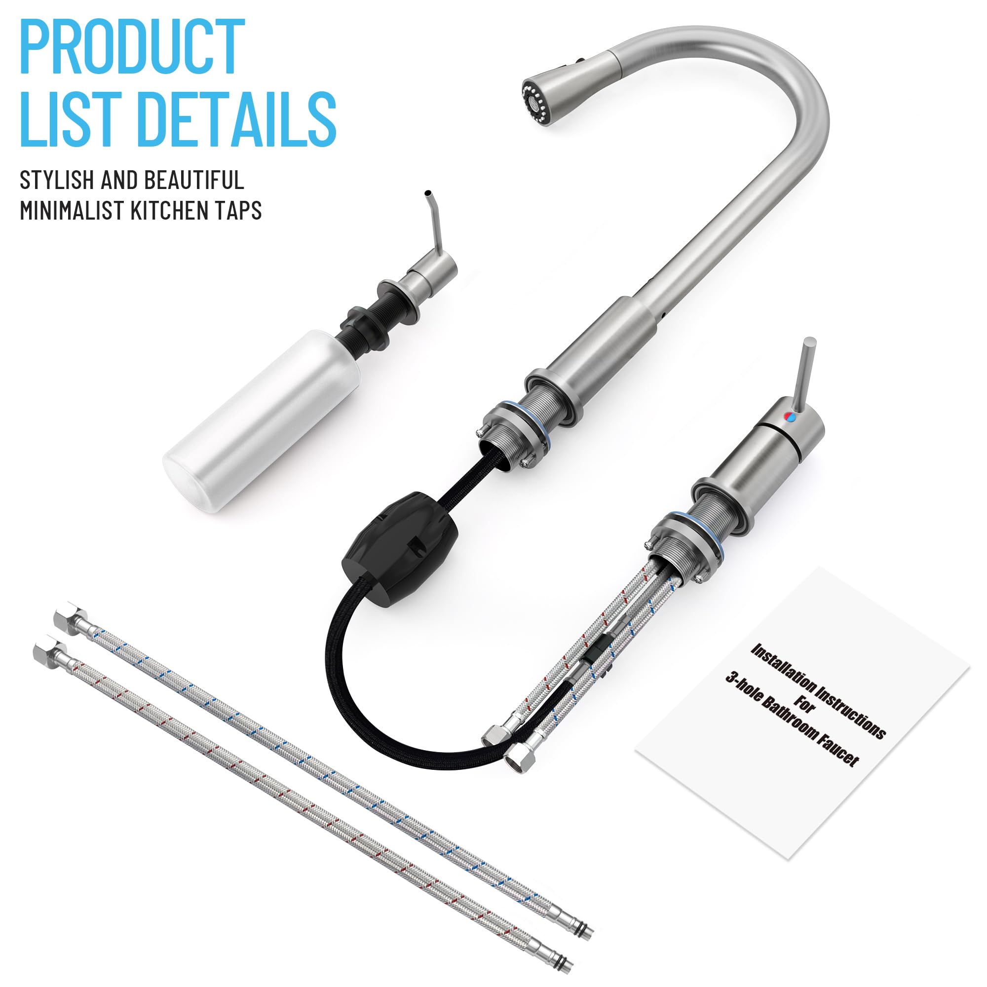 Fropo 3 Hole Kitchen Faucets, Brushed Nickel Kitchen Faucet With Soap Dispenser, Kitchen Faucets With Pull Down Sprayer And Single Side Handle 3 Pieces, Stainless Steel High Arc Kitchen Sink Faucet