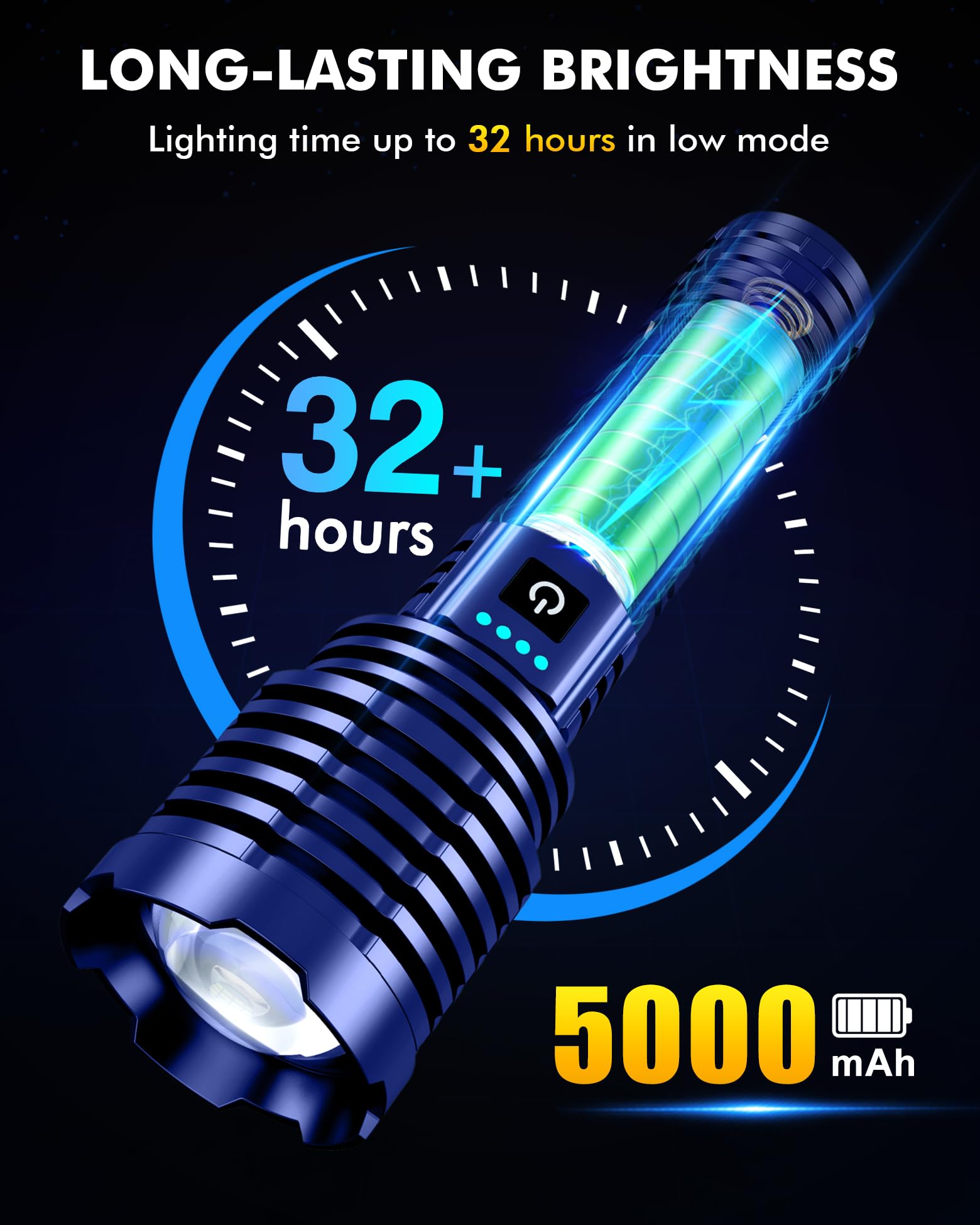 Baibian Super Bright Flashlight 2400000 High Lumens, Handheld Flashlight Rechargeable Powered By Battery, Led Waterproof Tactical Flashlights-Zoomable 5 Modes-31H Runtime-Holster For Emergency Camping (Blue)