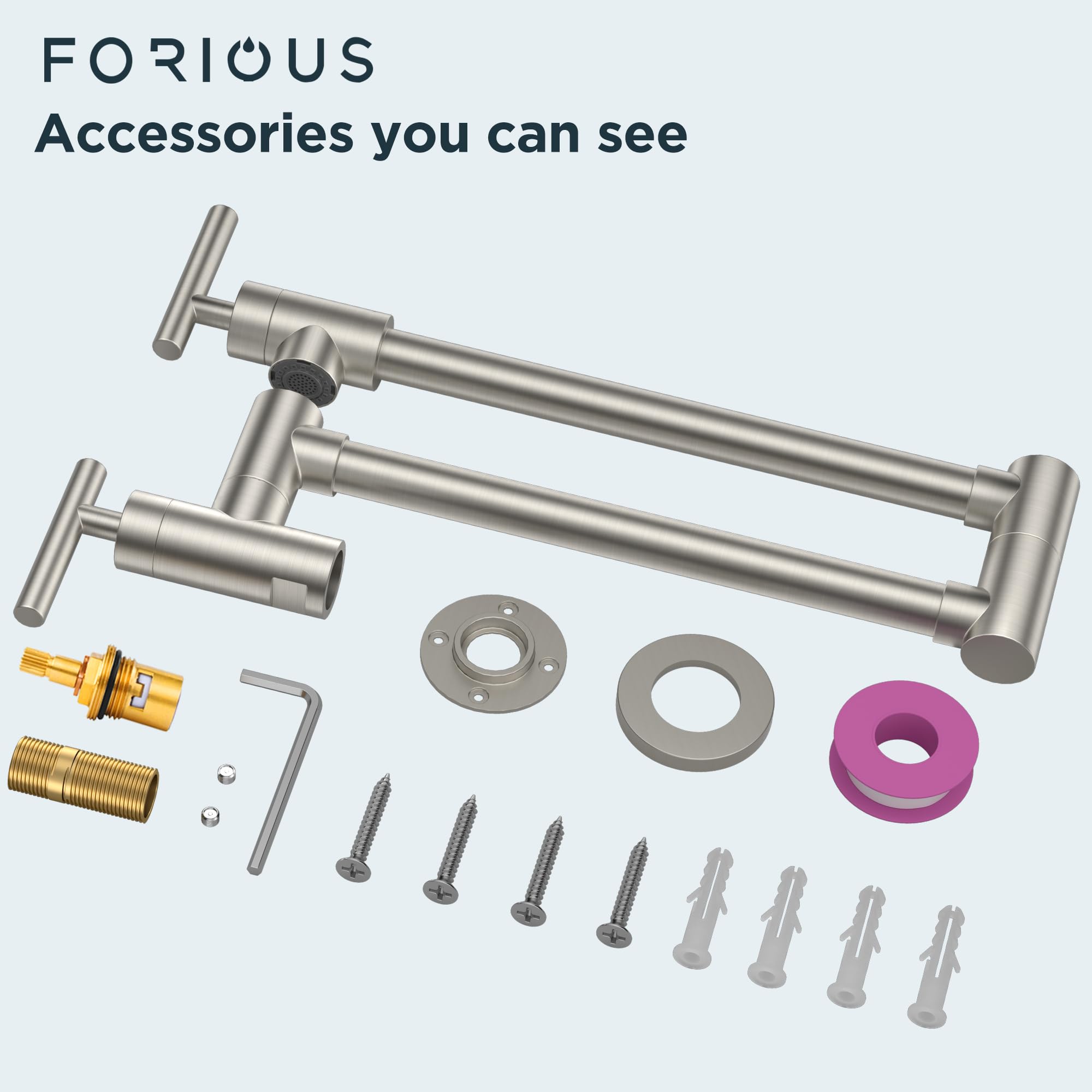 Forious Brushed Nickel Pot Filler Faucet Over Stove, Solid Brass Modern Wall Mount Commercial Folding Faucet With Stretchable Double Joint Swing Arms For Kitchen Restaurant