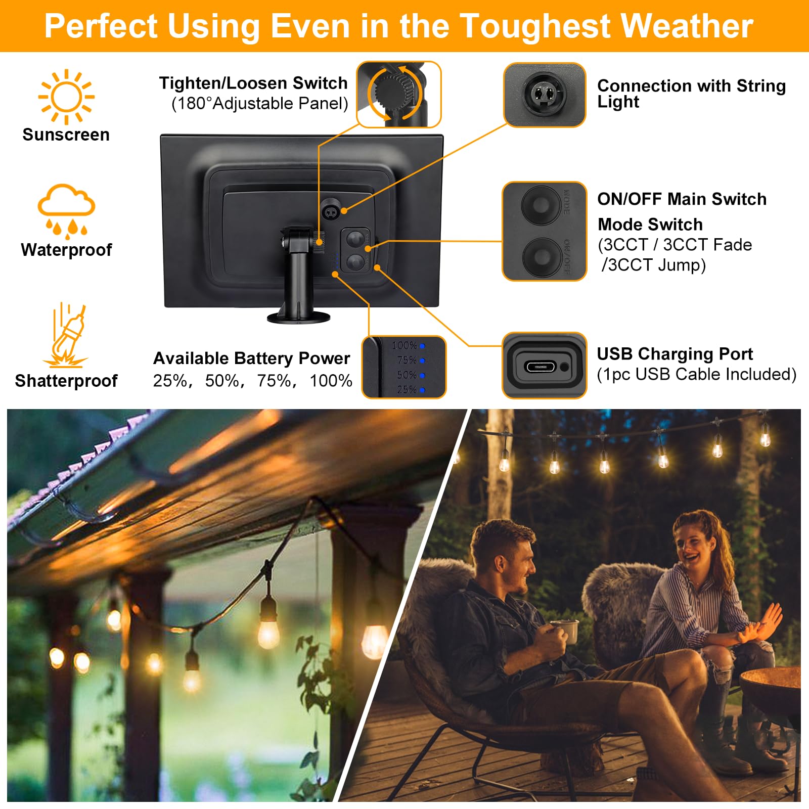 Mlambert 3-Color In 1 Solar String Lights Outdoor Waterproof Dimmable, 48Ft Remote Led Patio Lights,15 Hanging Sockets Shatterproof Light For Backyard