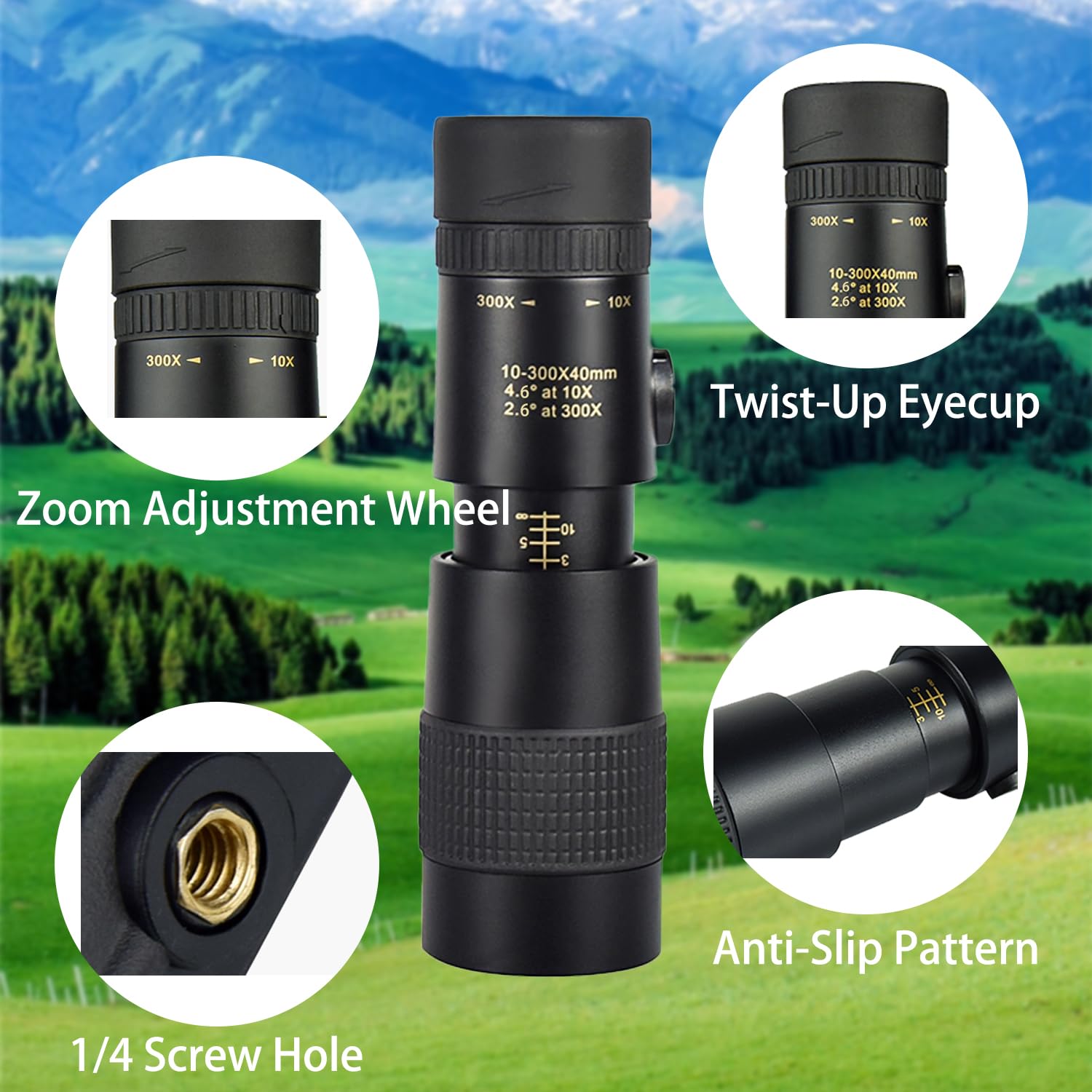 Komire Monocular Telescope 10×300-40, Compatible For Mobile Phones Compact Monoculars With Bak4 High-Transparency Prism Fmc Coating For Bird Watching Camping Hiking