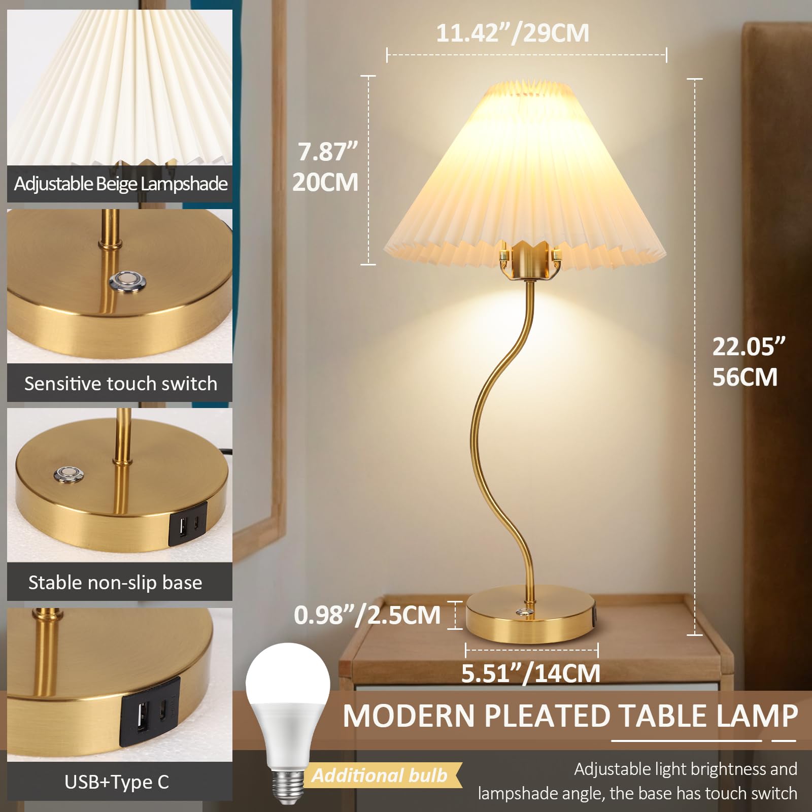 Eidisuny Pleated Table Lamp For Bedroom, Bedside Nightstand Lamp With Touch Control, Dimmable Modern Table Lamp With Usb/Typec, Desk Lamp For Bedroom Living Room Decor (Bulb Included)