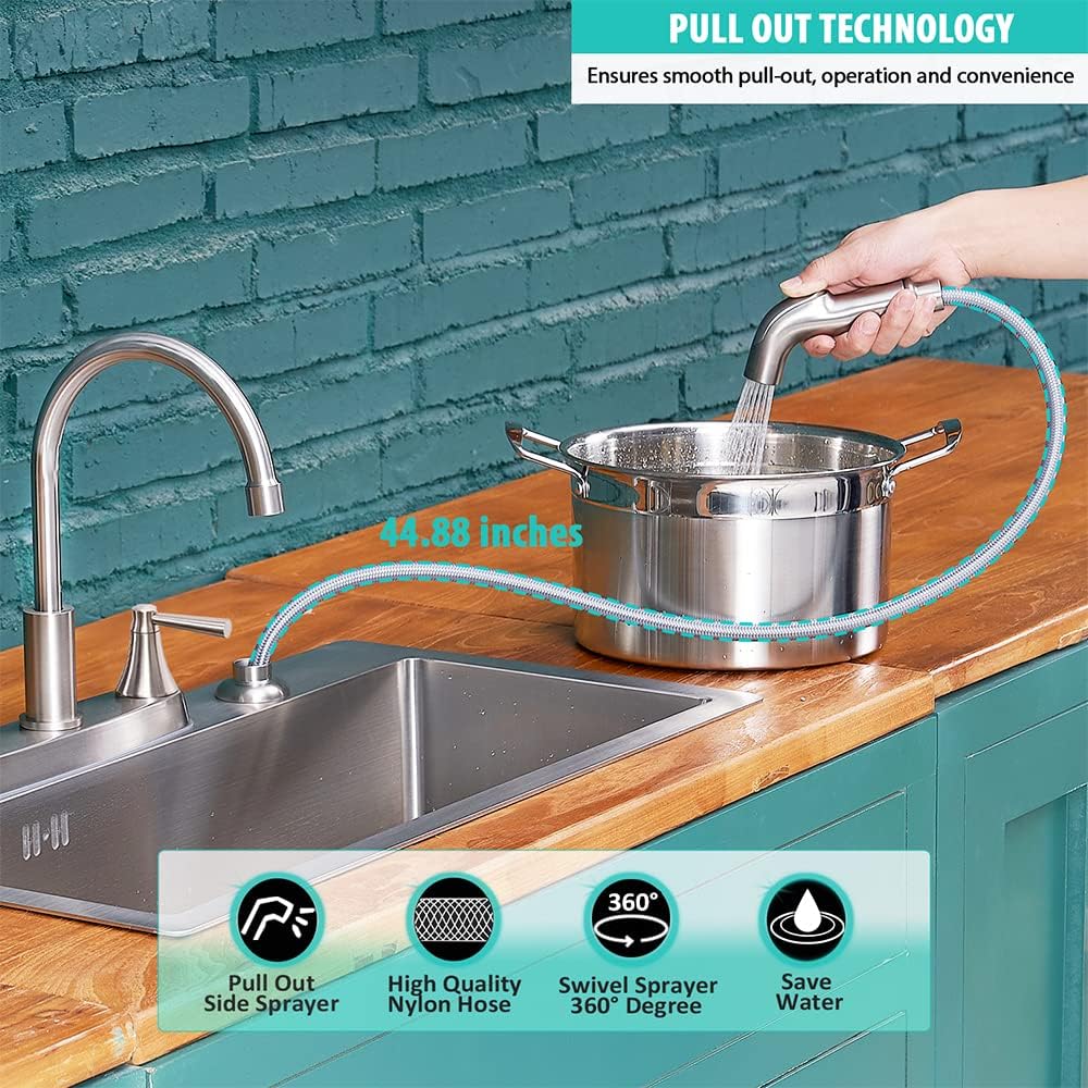Vsunhoo Kitchen Faucet With Sprayer, Brushed Nickel Stainless Steel, 3-Hole Rv Utility Touch Kitchen Faucet With Side Sprayer, Tdlkf29L