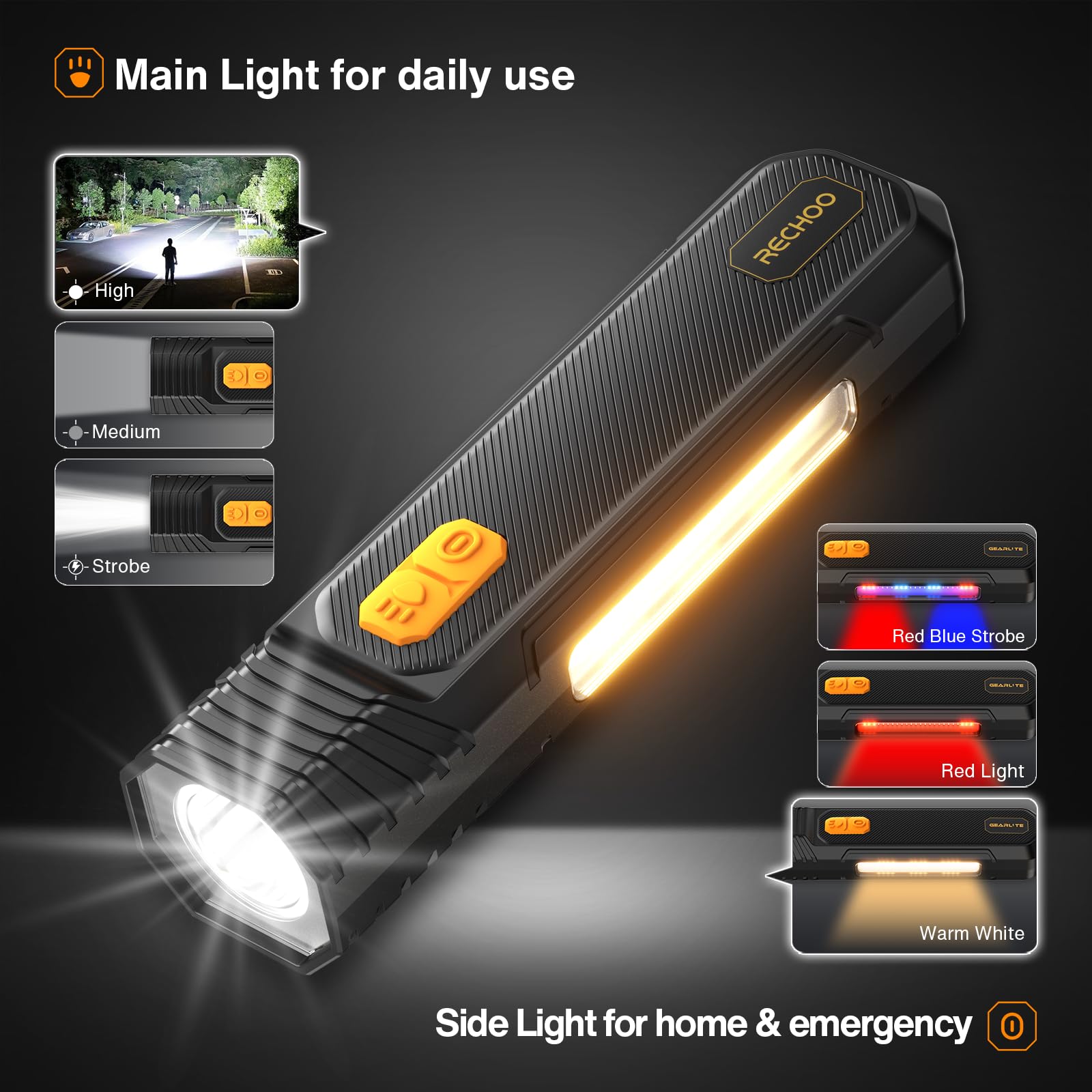 Rechoo Rechargeable Flashlight High Lumens, Portable Flashlight For Emergencies With Cob Side Light & 6 Modes, Multi-Functional Led Flashlight For Outdoor, Home, Camping (Battery Included)