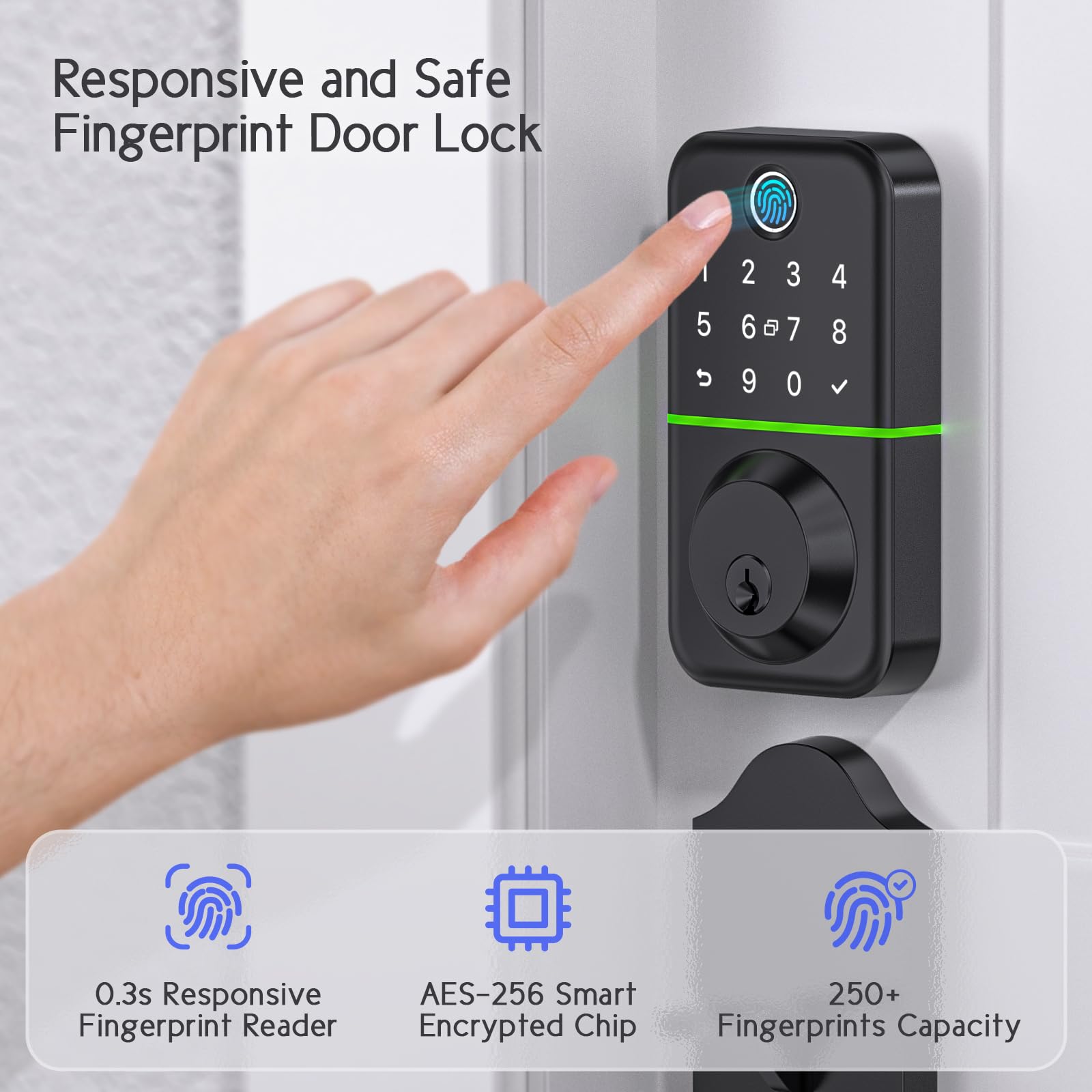 Wisegear Deadbolt Smart Lock With Handle Set: Fingerprint Keypad Smart Locks For Front Door - App Controlled Keyless Entry Door Lock With Code - Electronic Door Handle Sets - Waterproof Digital Handleset