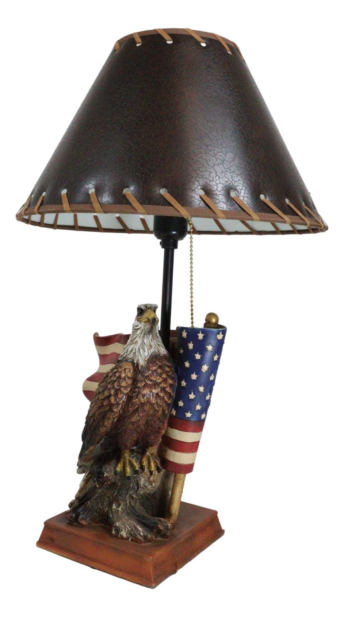 Ebros Gift Rustic Patriotic American Emblem Bald Eagle With Star Spangled Banner Flag Memorial Desktop Side Table Lamp With Brown Faux Leather Laced Shade Land Of The Brave And