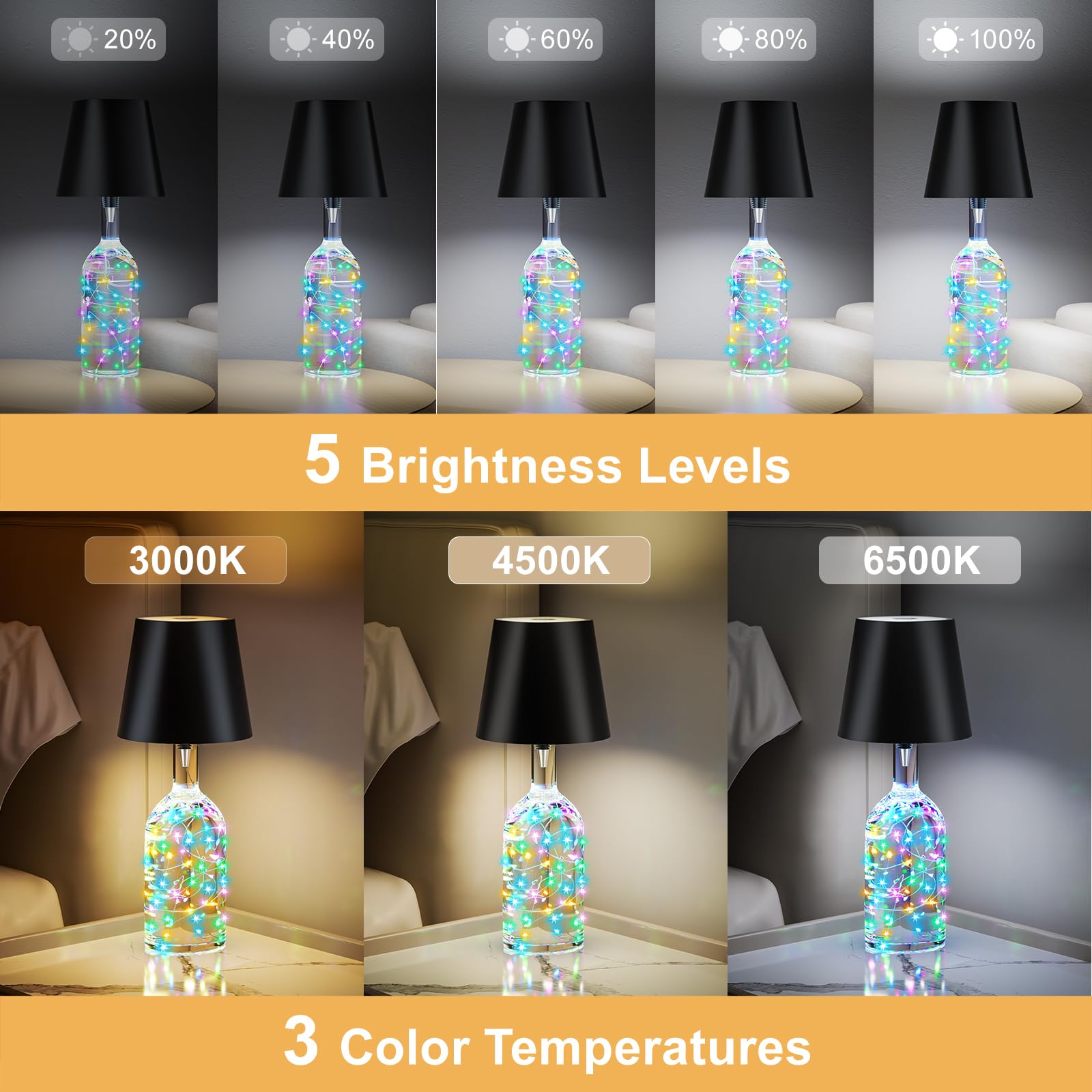 Homebest Wireless Bottle Lamp,Wine Bottle Lights With Remote,2000Mah Touch Table Lamp Shades With Rgb String Lights And Timer,5-Level Brightness &3 Color Temps Battery Operated Lamp For Living Room,Bar(2 Pack)