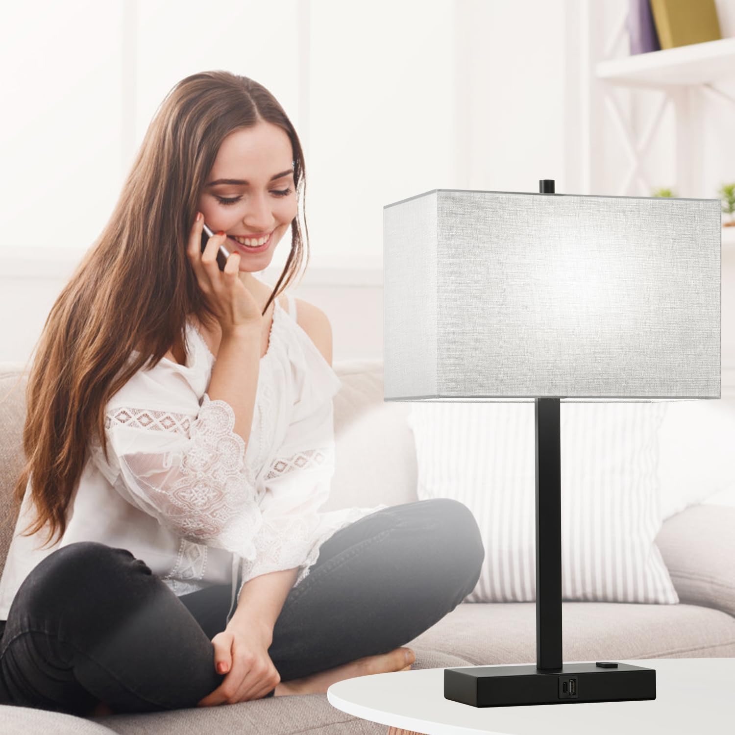 Lynnoland 21" Set Of 2 Touch Control Table Lamps With 2 Usb & Ac Outlets, 3-Way Dimmable Modern Nightstand Lamps For Bedroom Living Room Office Reading, Gray Shade Bedside Lamps, 5000K Led Bulbs Included