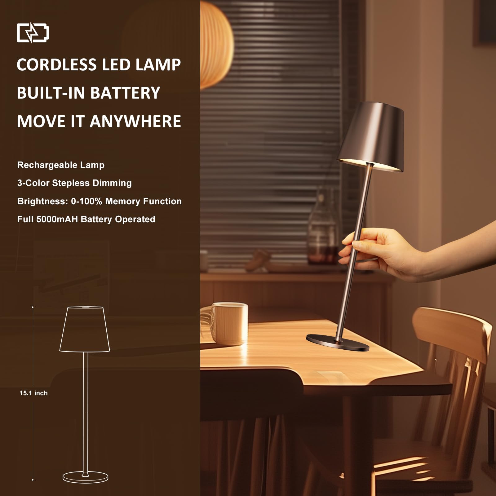 Kakanuo Cordless Table Lamps Set Of 2, Portable Led Battery Operated Lamp, Wireless Rechargeable Lamp, 3 Color Stepless Small Table Lamp For Restaurant, Bar, Party, Camping And Bedroom - Brown