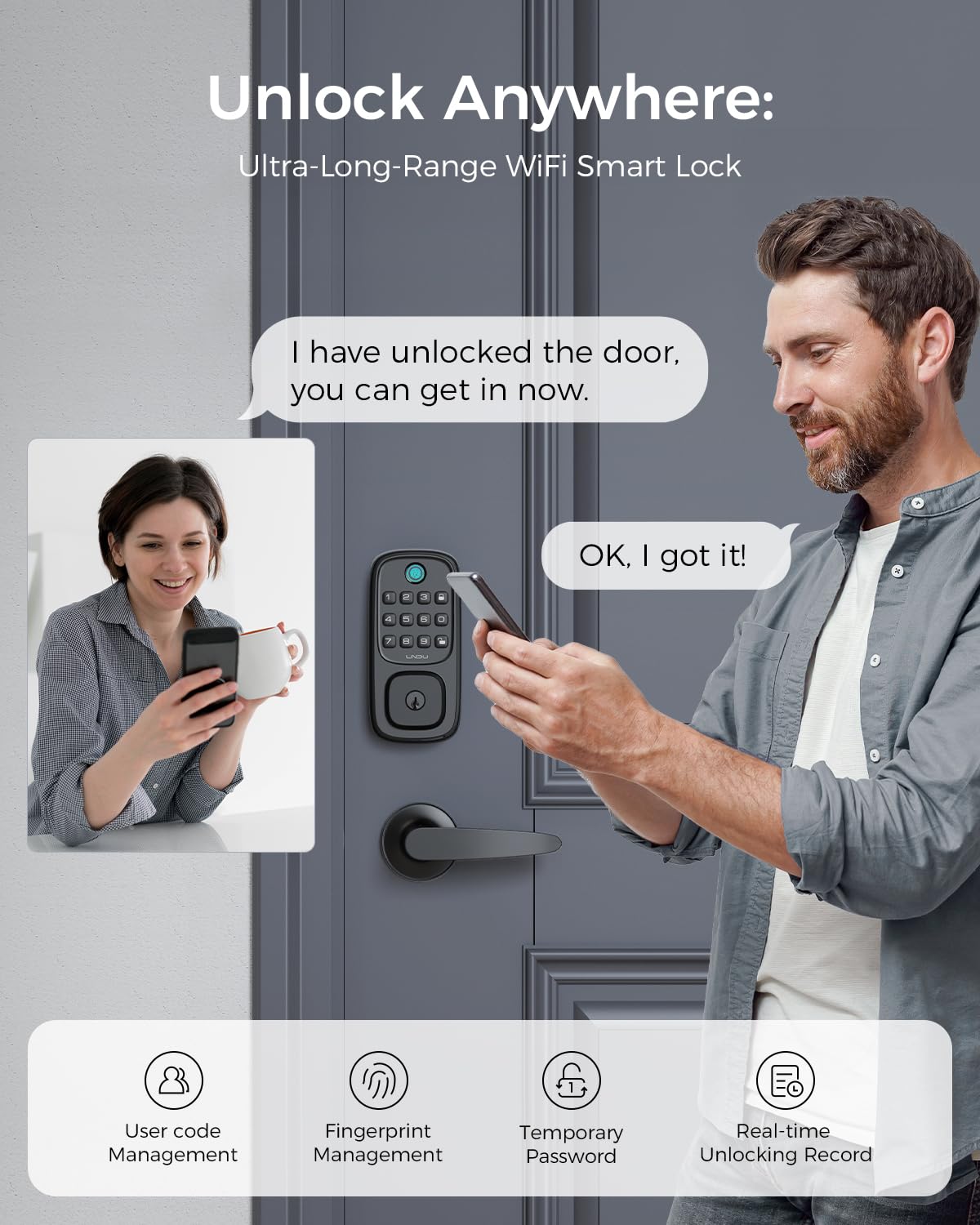 Lndu Smart Lock, Wi-Fi Keyless Entry Door Deadbolt Lock With Handleset, Supports Fingerprint,  Alexa, Google Assistant, App Control, Auto-Lock, One-Time Code, Anti-Peeking Password