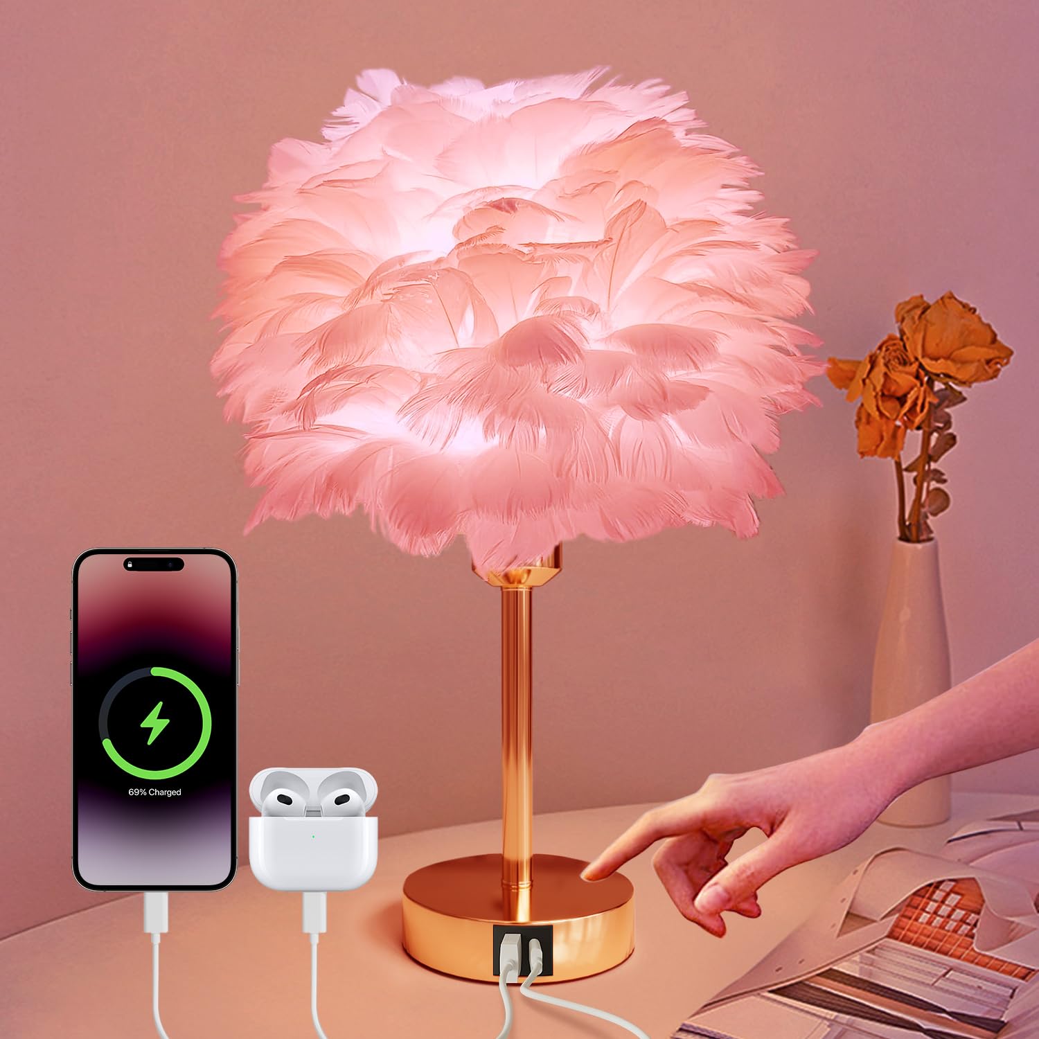 Nowepai Smart Bedside Table Lamp With Usb C+A Port, Touch Controlled, Alexa Compatible, 9W 800Lm Colored Dimmable Feather Gold Nightstand Lamp, Small Led Nightlight For Bedroom, Living Room, Office