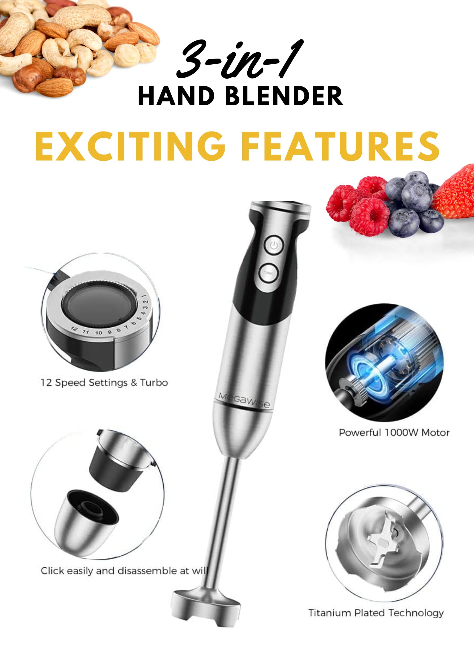 Megawise Stainless Steel Titanium Reinforced 3-In-1 Immersion Hand Blender, Powerful With 80% Sharper Blades, 12-Speed Corded Blender, Including Whisk And Milk Frother (3-In 1 Black)