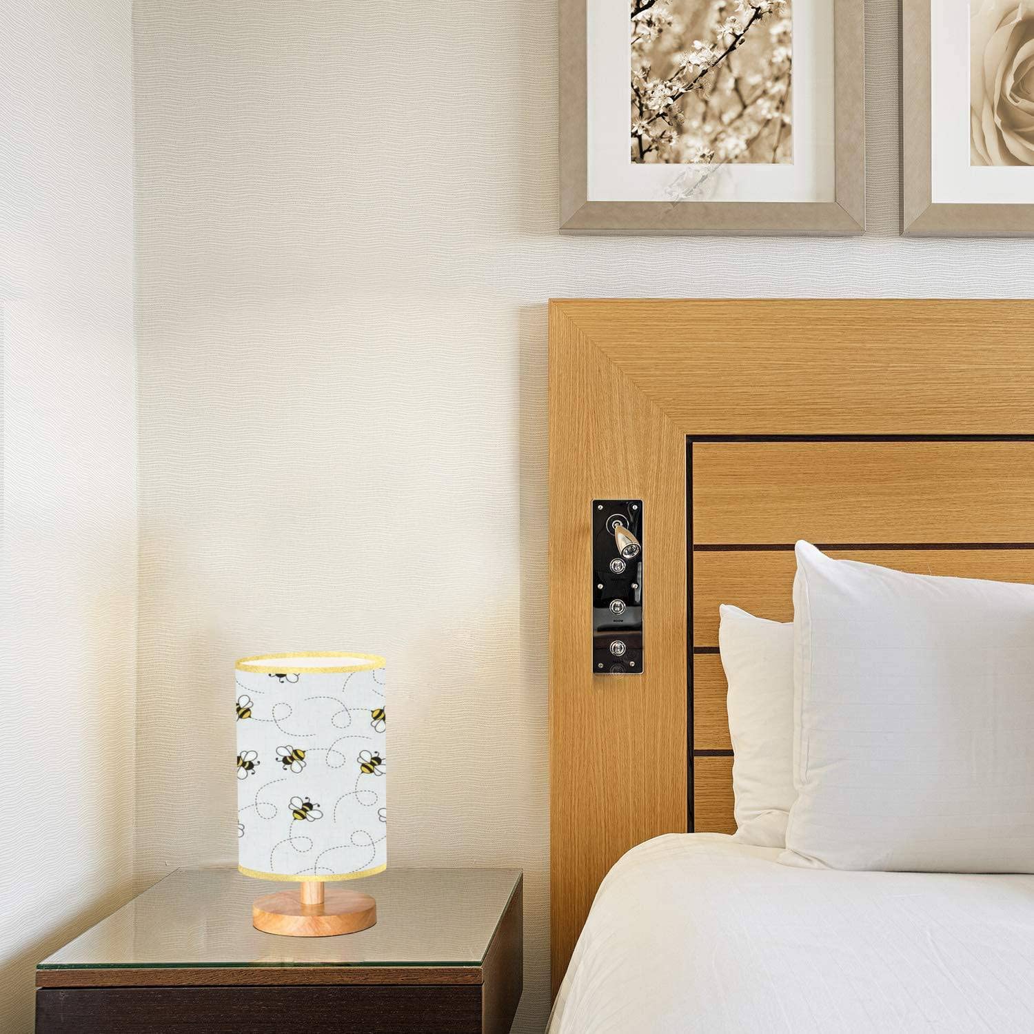 Ugdbfuy Dimmable Bedside Lamp Seamless With Flying Bees On A Dotted Route Cartoon Black And Yellow Desk Lamps Wooden Base Linen Lampshade Table For Bedroom Living Room Study Office 5.511Inches