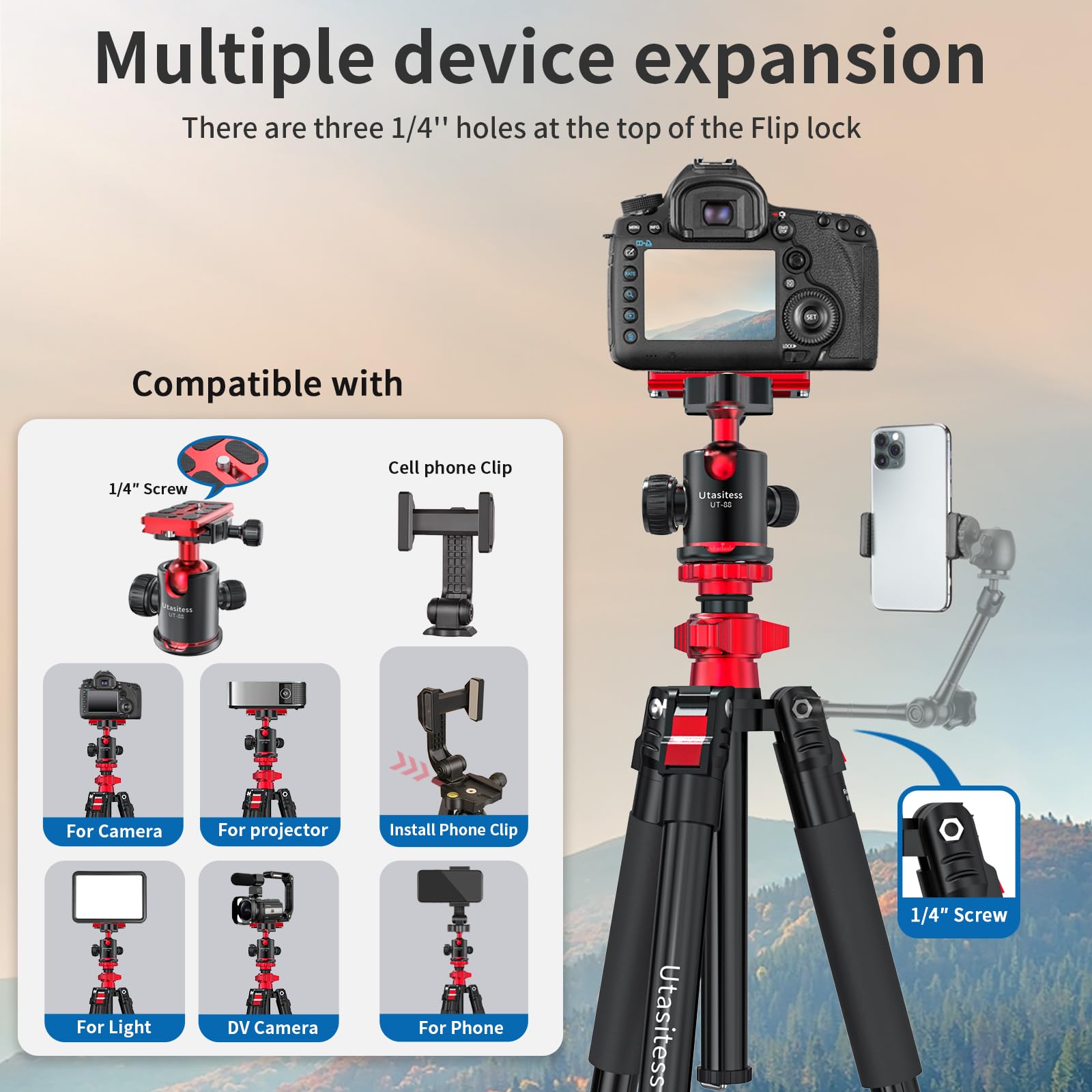Utanispee 68" Foldable Aluminum Alloy Camera Tripod And Monopod 2-In-1, With 360°Adjustable Ball Head Detachable，Light Travel Tripod For Camera And Phones