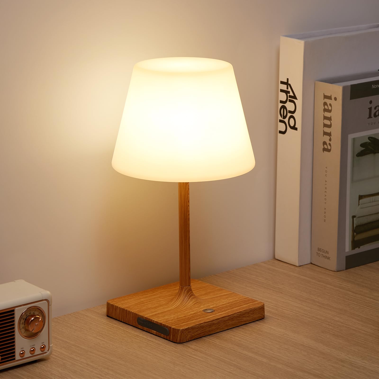 Deogos Portables Cordless Table Lamp, Outdoor Battery Operated Desk Lamp Waterproof, Built-In Rechargeable Battery, Touch Dimmable Night Light For Patio Camping Restaurant Home, Wood Grain