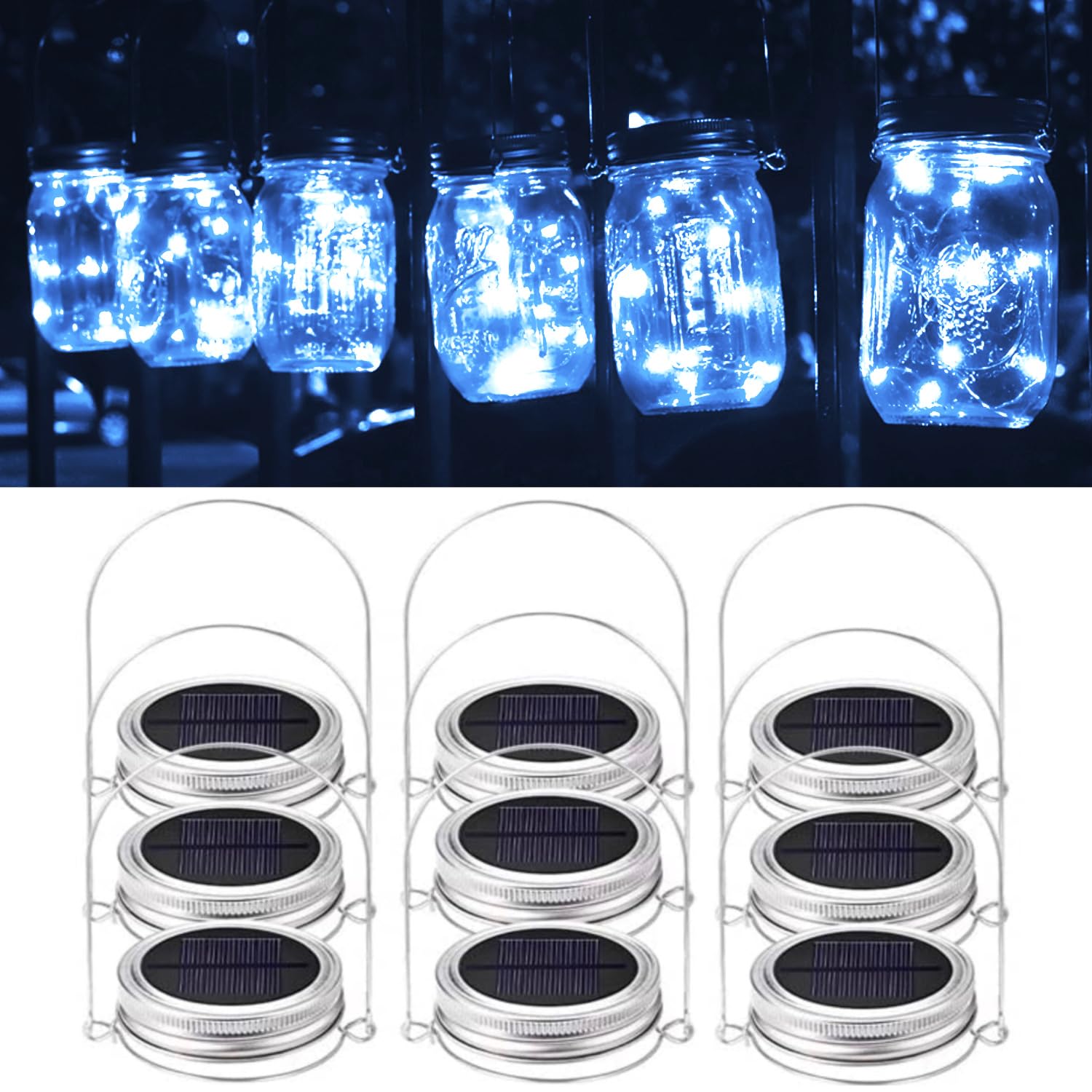 Gonimy Solar Mason Jar String Lights Lid, [d] 9 Pack 20 Led Antirust Waterproof Fairy Firefly Jar Lids Lights With 9 Hangers (Jars Not Included) For Patio Garden Wedding (Cool White)
