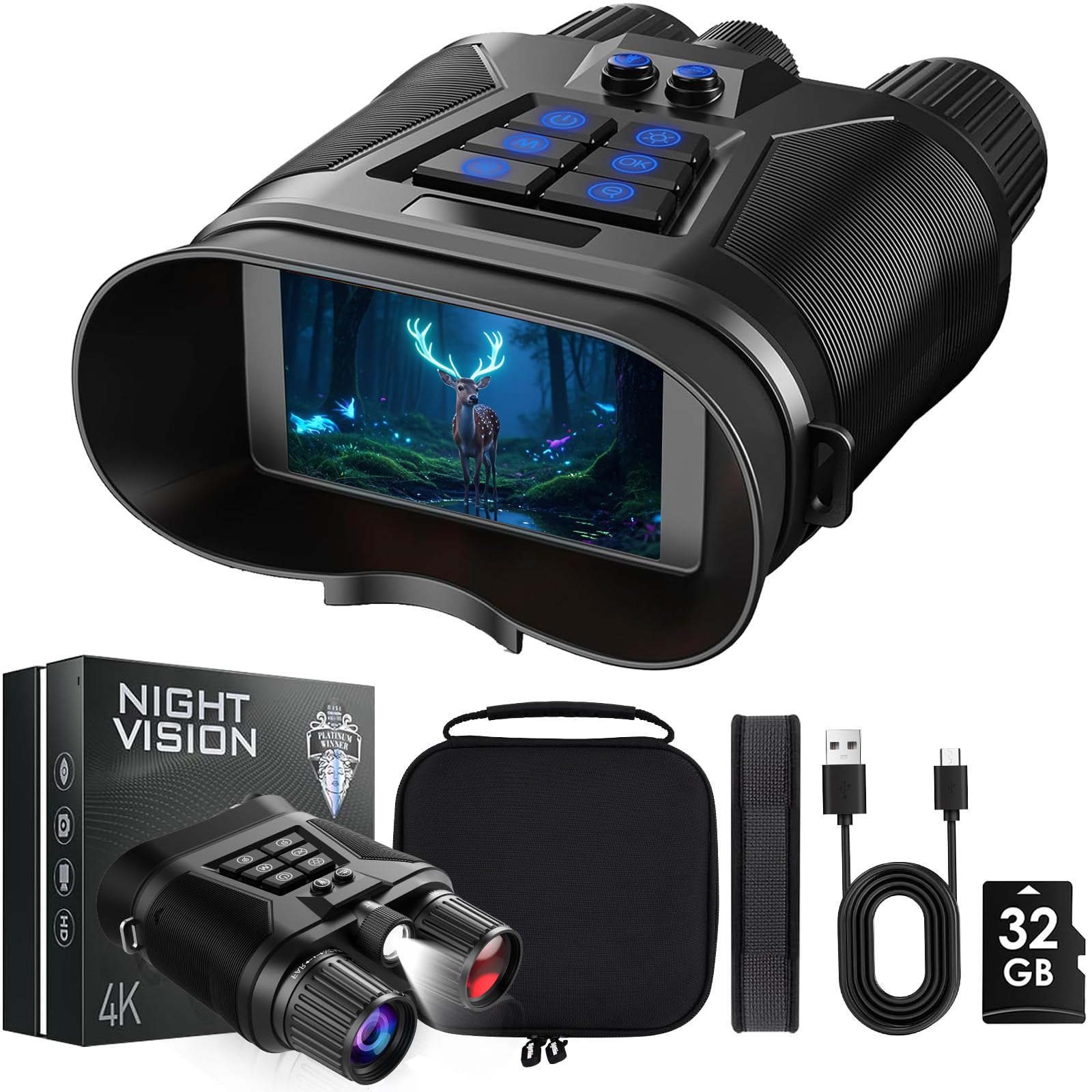 Pisez Night Vision Goggles - 4K Night Vision Binoculars For Adults With 8X Digital Zoom,32Gb Tf Card For Photos And Videos- For Hunting & Camping