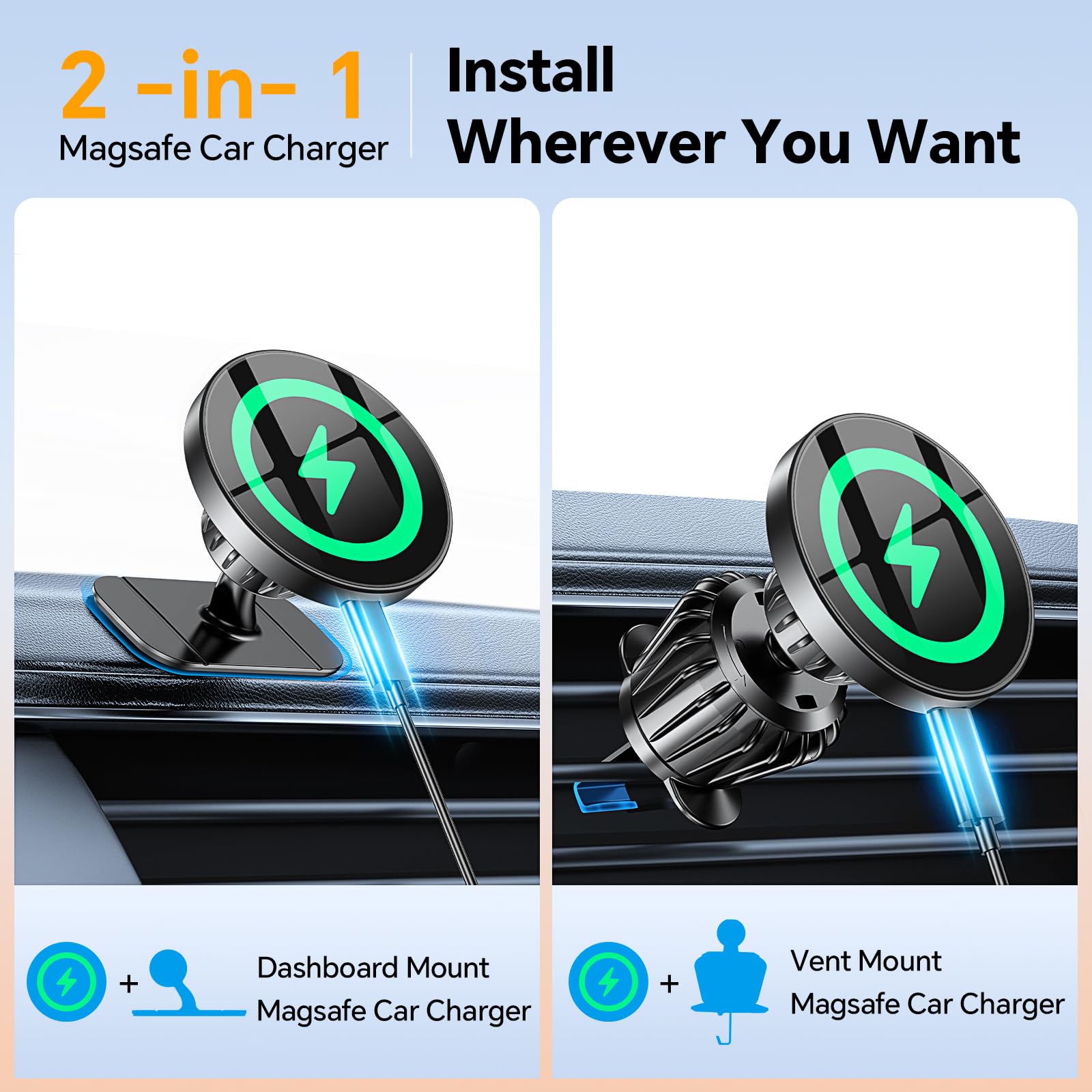 Kaistyle For Magsafe Car Mount Charger【Stronger Magnets】 Iphone Magnetic Wireless Car Charger【Dashboard+Vent】 For Magsafe Charger Cell Phone Car Mount For Iphone 16 Pro Max 15 14 13 12 Magsafe Cases