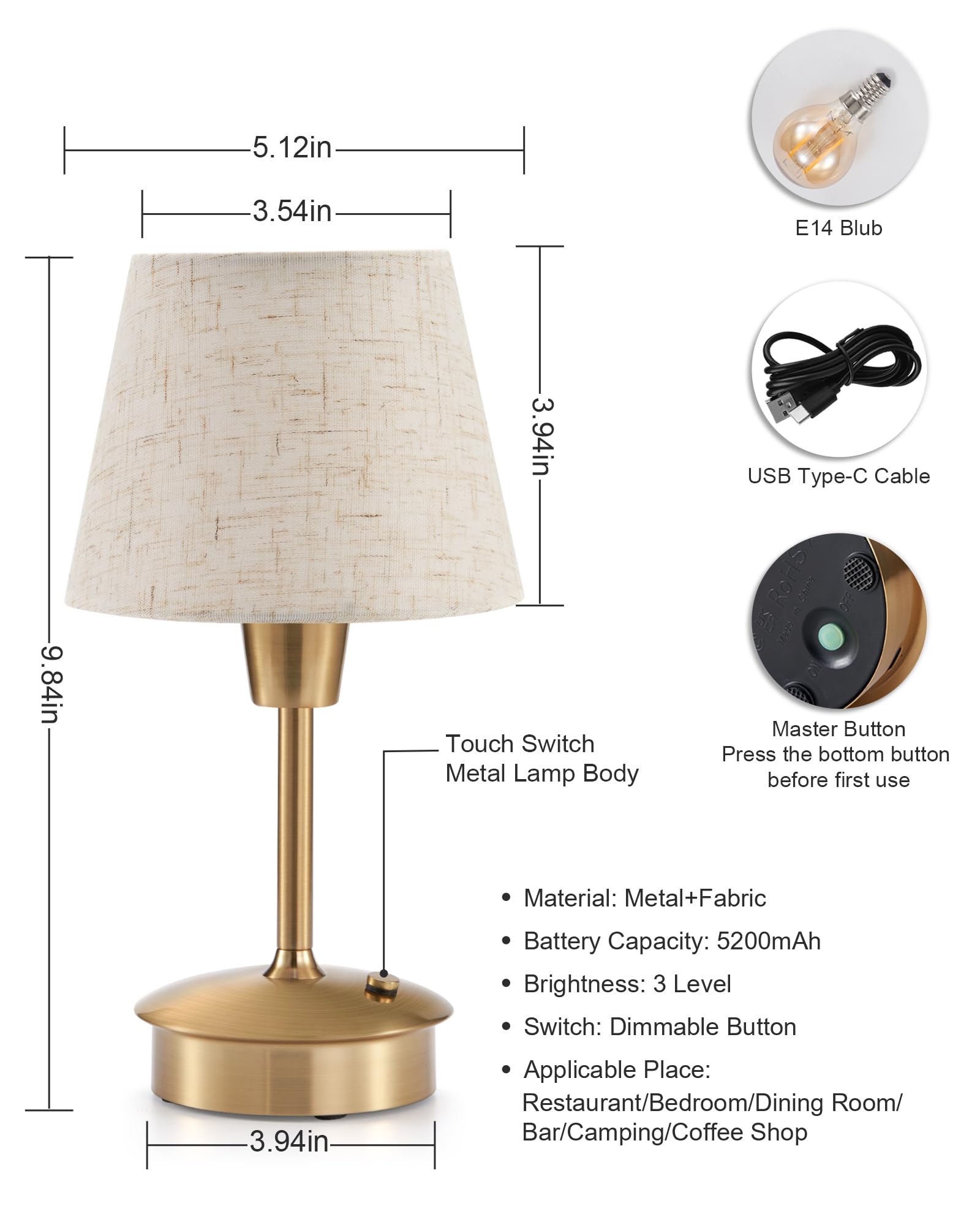 Depecal Rechargeable Cordless Table Lamp For Restaurant Dinner Table, 5200Mah Battery Operated Lamps, Small Touch Dimmable Ambient Lighting For Bedroom Living Room Kitchen Dining Room Entryway Outdoor Patio