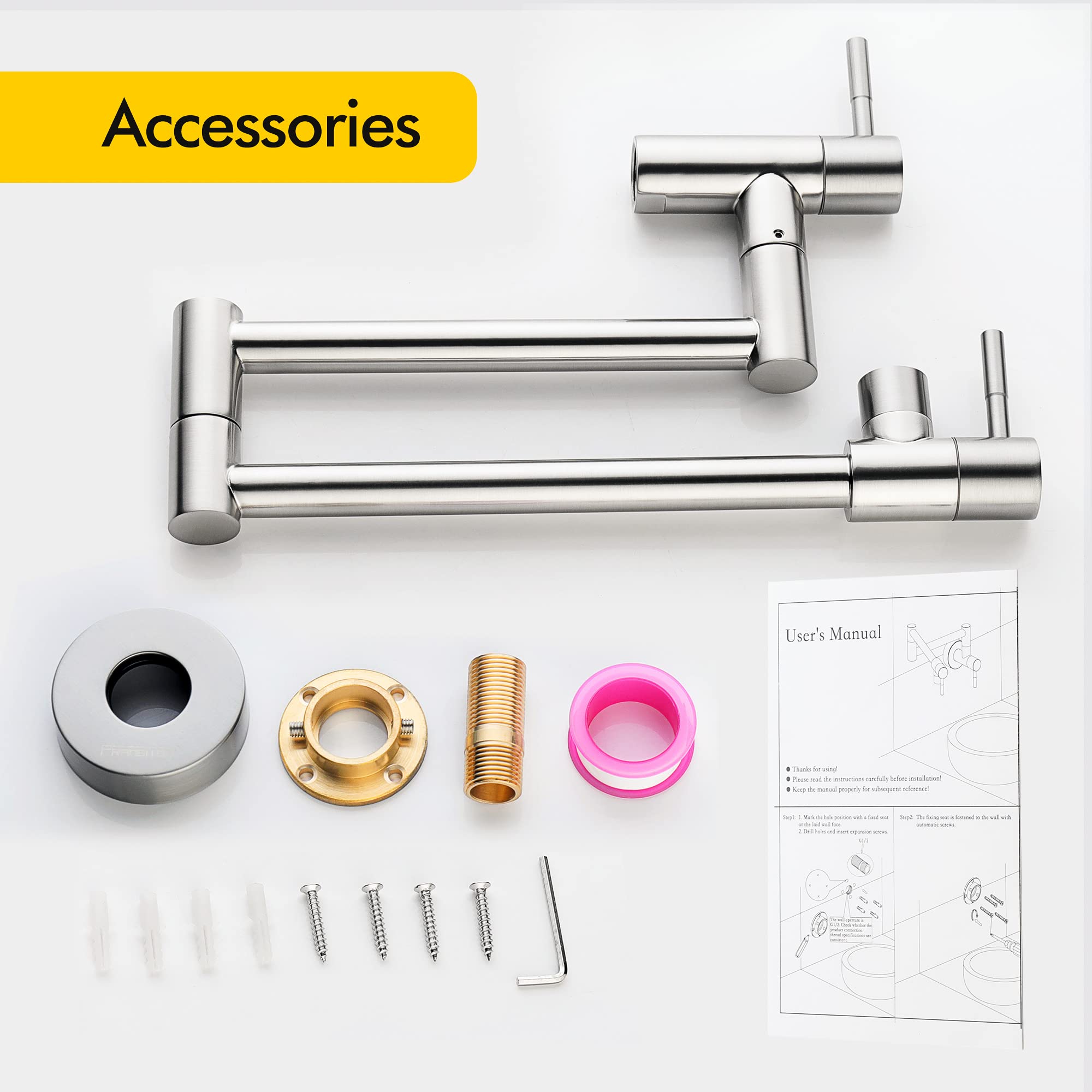Fransiton Brushed Nickel Pot Filler, Pot Filler Faucet Wall Mount, Brass Folding Stretchable With Double Joint Swing Arm Single Hole Two Handles Kitchen Restaurant