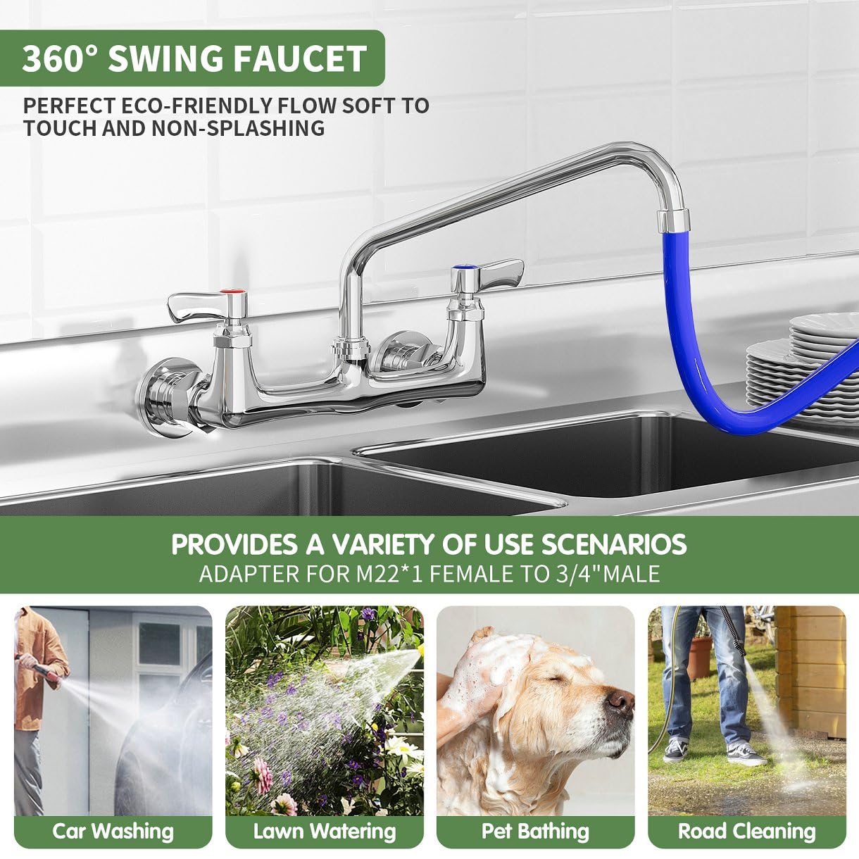 Tolsuny Wall Mount Kitchen Faucet, Commercial Sink Faucet With 12-Inch Swivel Spout, Brass Dual Handle Utility Laundry Faucet, Chrome Gooseneck Spout, For Laundry Room Restaurant Compartment Sink