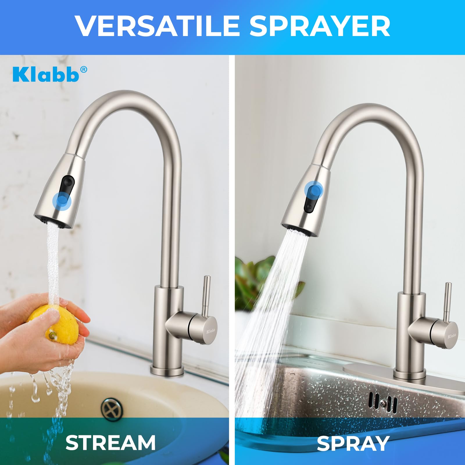 Klabb Stainless Steel Faucet Single Handle High Brushed Nickel Pull Out Kitchen Faucet,Single Level Stainless Steel Kitchen Sink Faucets With Pull Down Sprayer