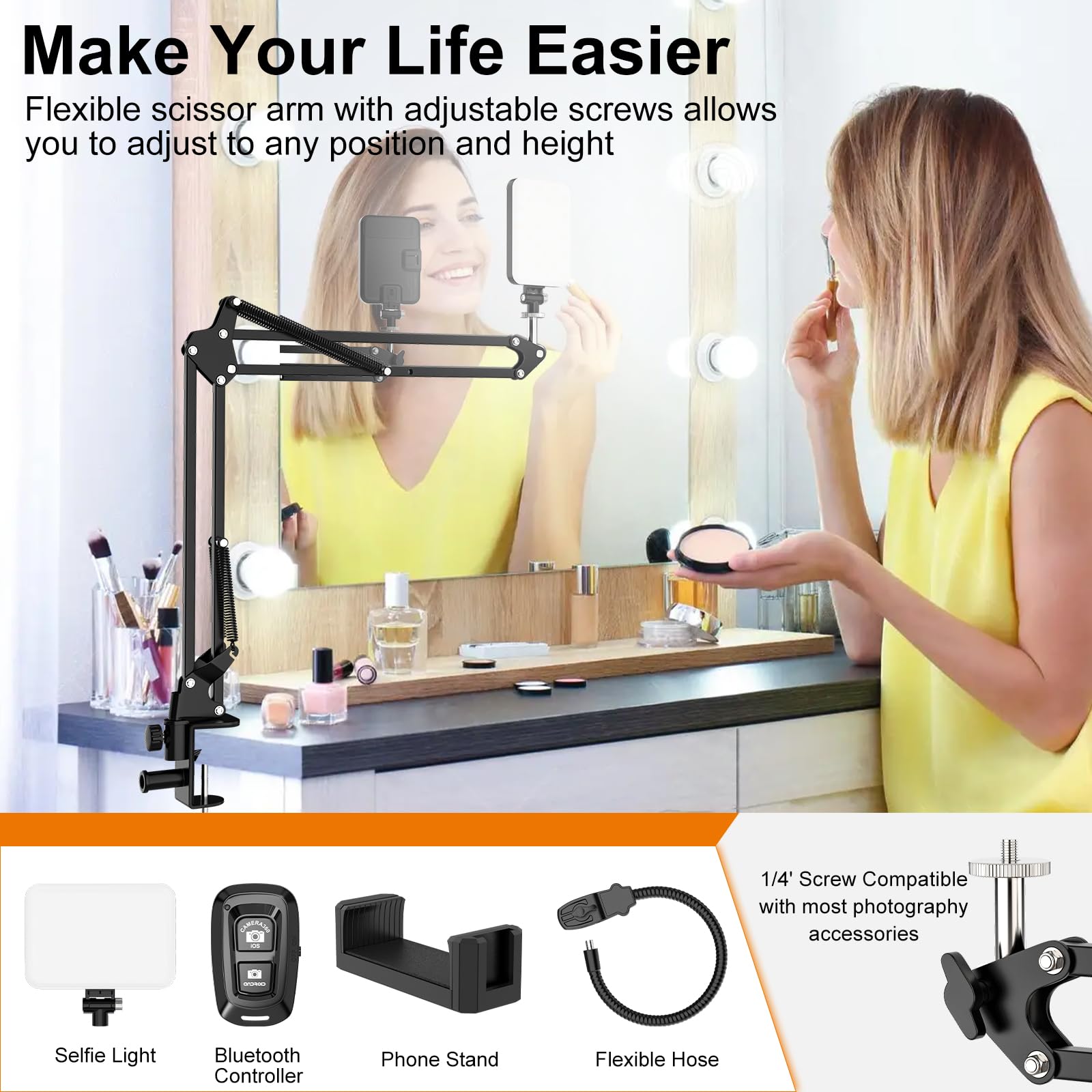 Gepege Overhead Phone Mount With 60 Led Portable Selfie Light And Phone Holder For Desk, Camera Mount Arm Stand With Remote, Overhead Stand For Video Recording, Live Streaming, Tiktok, Youtube And Cooking