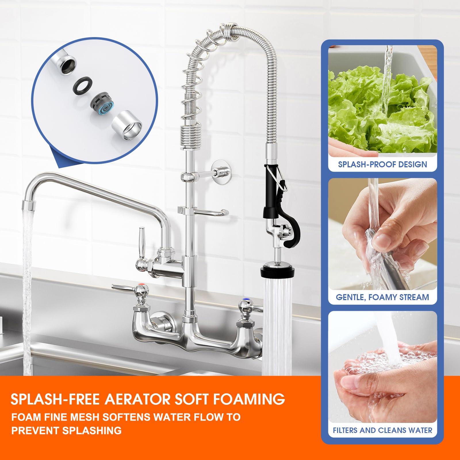 Nymeliu Commercial Faucet With Sprayer, 25'' Height Wall Mount Faucet, 8 Adjustable Center, 12'' Swing Spout, Pre Rinse Sprayer For Commercial Kitchen Compartment Sink, Chrome, Industrial