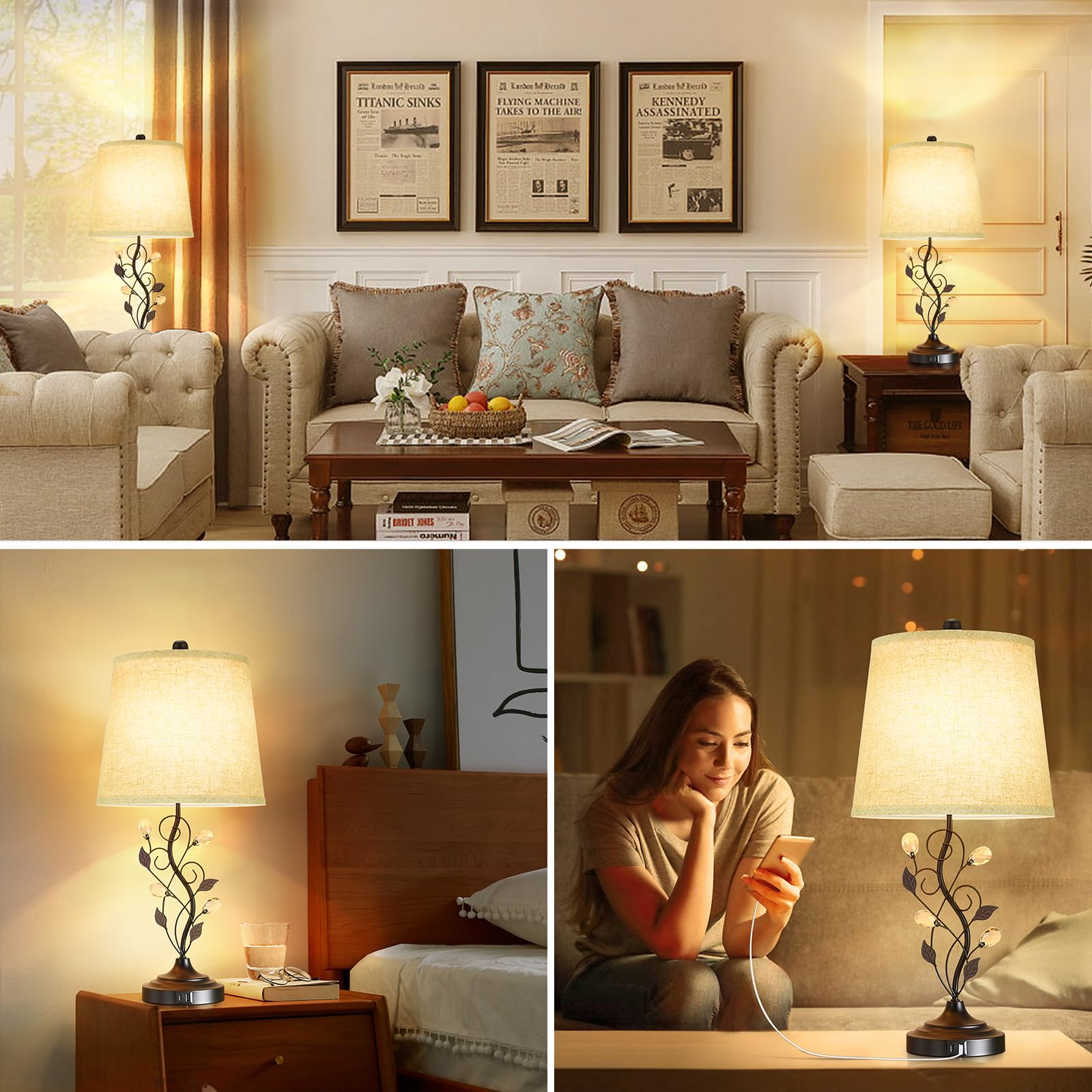 Sheetea 24.5In Farmhouse Table Lamps Set Of 2, Rustic Bedroom Lamps With 2 Usb Charging Ports, Cream Fabric Shade, Metal & Crystal Finish