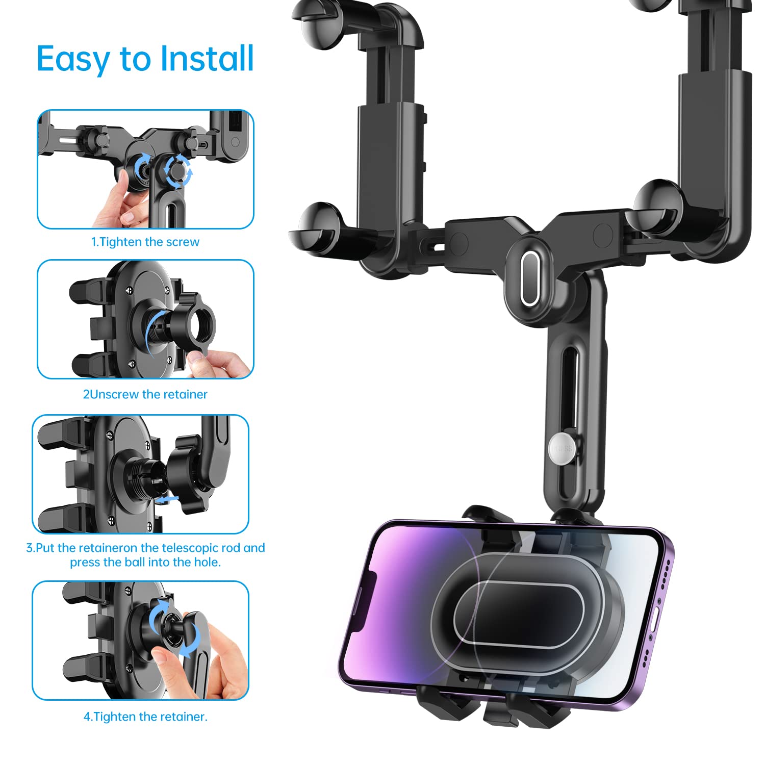 Wuitin Rearview Mirror Phone Holder For Car,360°Rotatable And Retractable Multifunctional Rear View Mirror Phone Holder,Four Corners Fixed Anti-Shake Design,For All Mobile Phones And All Car