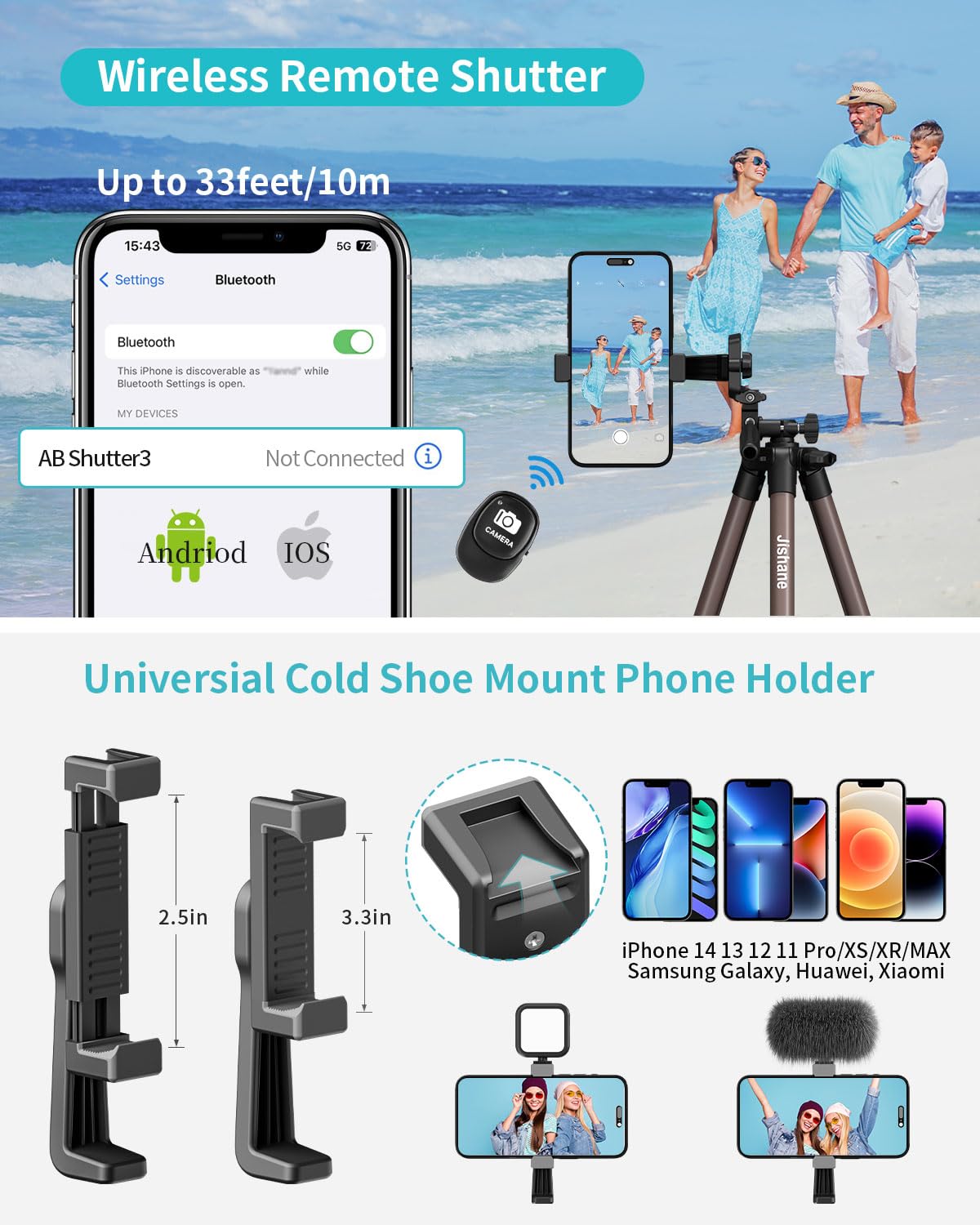 Jishane 71" Camera Tripod, Lightweight Aluminum Phone Tripod With Wireless Remote, Phone Holder & Carry Bag, Portable Travel Camera Stand For Smartphones Canon Nikon Dslr Cameras, Max Load 6.6 Lb (Brown)