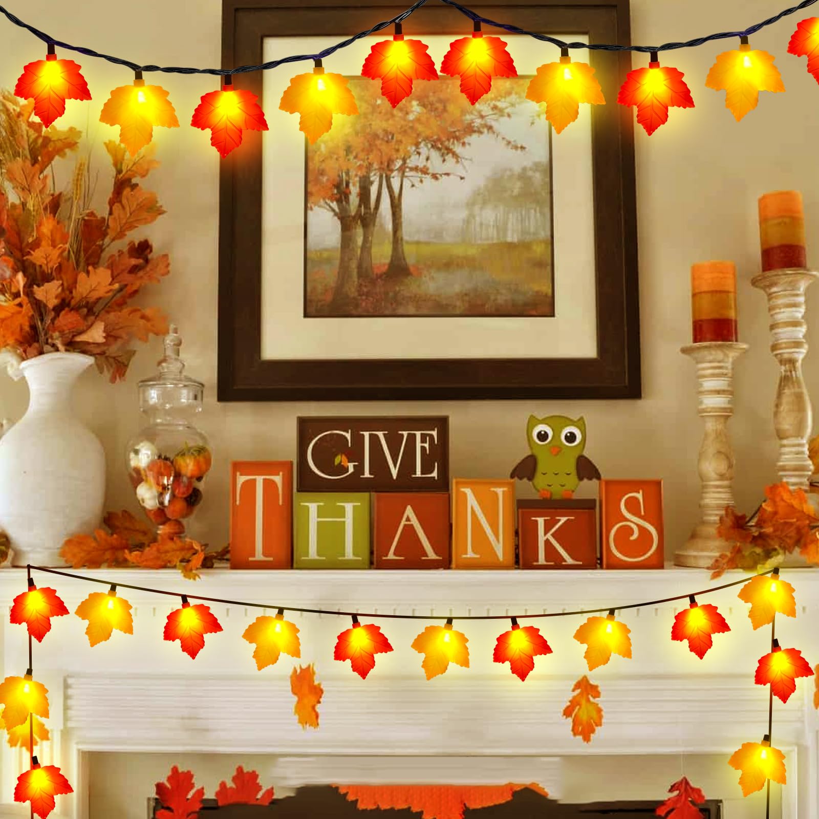 Abeja 8.5Ft Led Maple Leaf String Lights, Fall Decor Garland Lights With 10 Led Bulbs, Thanksgiving Decorating String Lights For Fall, Wedding, Christmas, Thanksgiving, Birthday Decoration