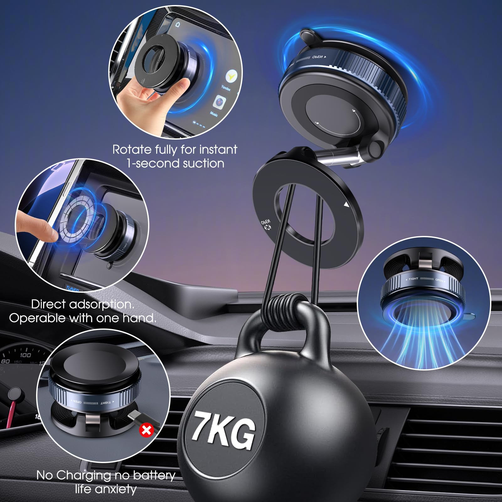 Lunturn 360° Rotatable Vacuum Magnetic Phone Holder, Foldable And Retractable Suction Cup Car Phone Mount For Car/Gym/Mirror/Smooth Surface, Compatible With Iphone Android And All Smartphones (Black)