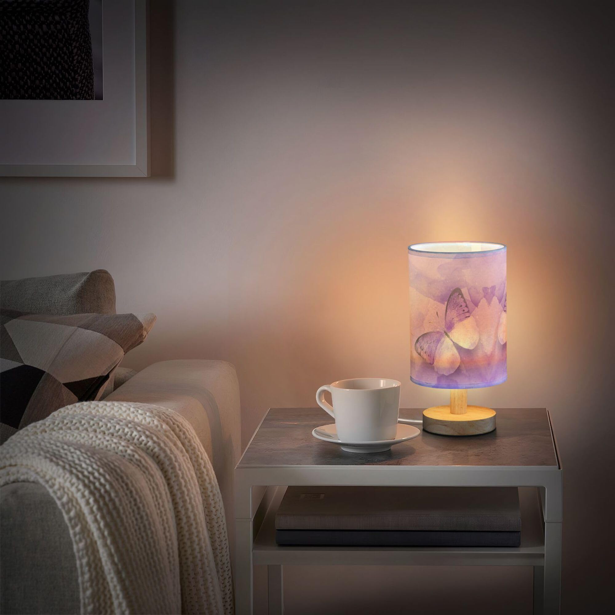 Yyzzh Table Lamp Watercolor Purple Butterfly Galaxy Nightstand Lamp With Wood Base Fabric Lamp Shade Bedside Desk Lamp For Living Room Bedroom Kids Room Office