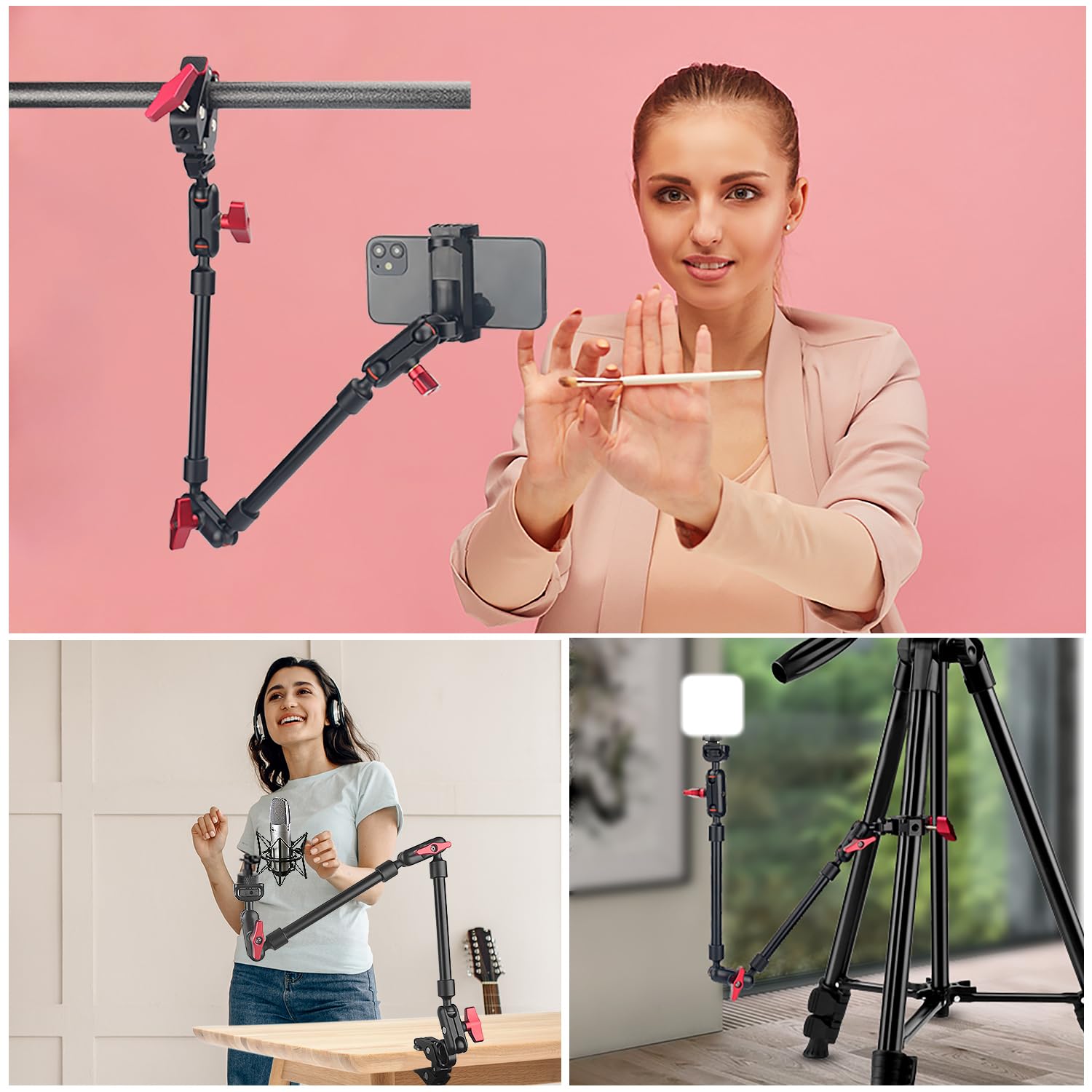 Jinsui 22" Magic Arm W Clamp Camera Mount, Overhead Phone Mount W Dual Ball Head Articulating Mic Boom Arm, 3/8" 5/8" Screw Adapters, Adjustable Camera Desk Mount Stand For Webcam Tripod Light Video Rig