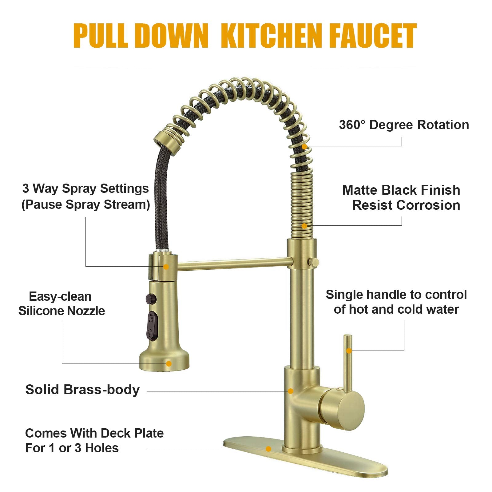 Besy Brushed Brass Kitchen Faucet With Pull Out Sprayer, High-Arc Single Handle Single Lever Spring Rv Kitchen Sink Faucet With Pull Down Sprayer, 3 Function Laundry Faucet, Brushed Gold