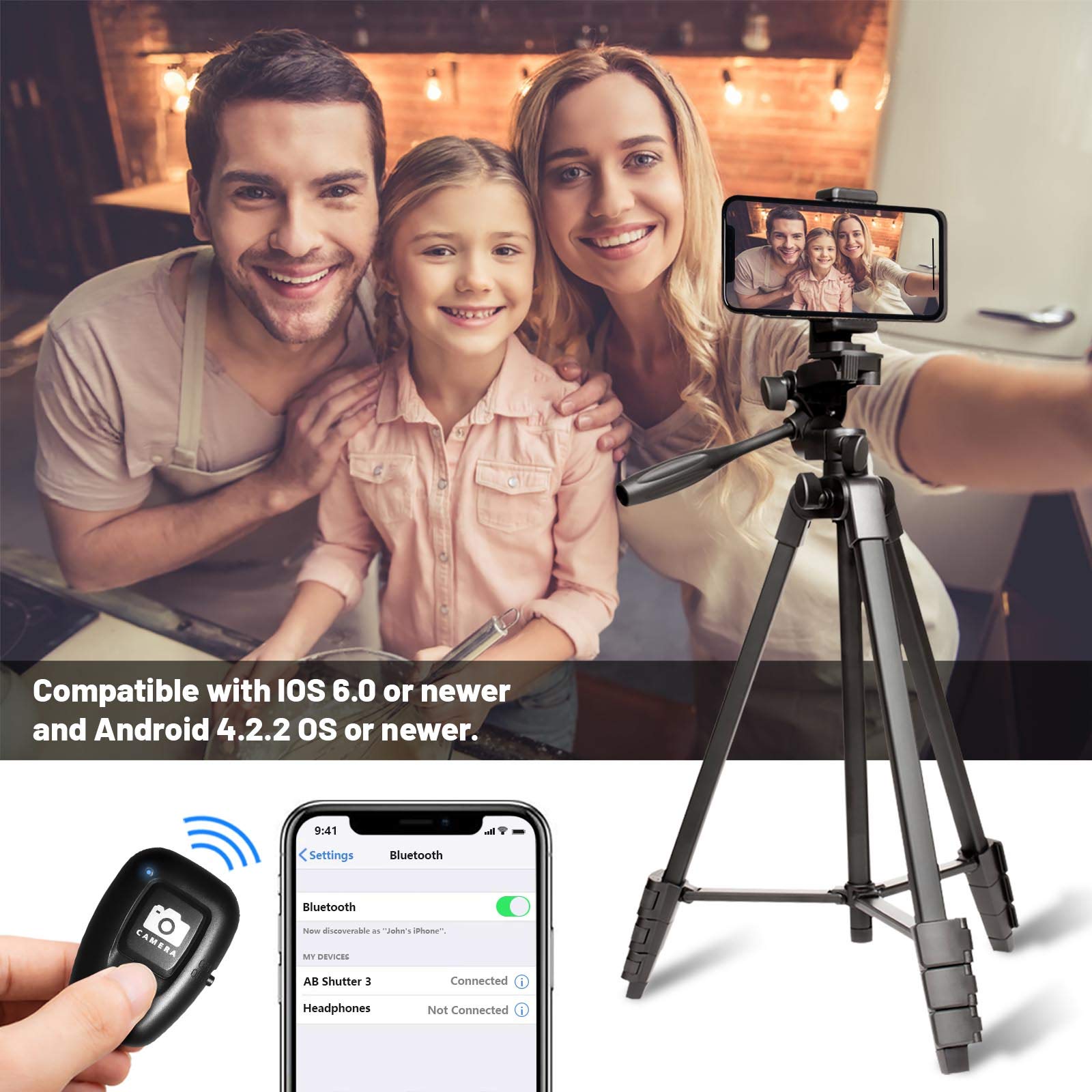 Apeocose 55" Tripod For Iphone With Quick-Release Plate, Lightweight Cell Phone Tripod Stand, Portable Travel Camera Tripod With 360 Degree Rotatable Phone Mount Holder & Wireless Remote Shutter