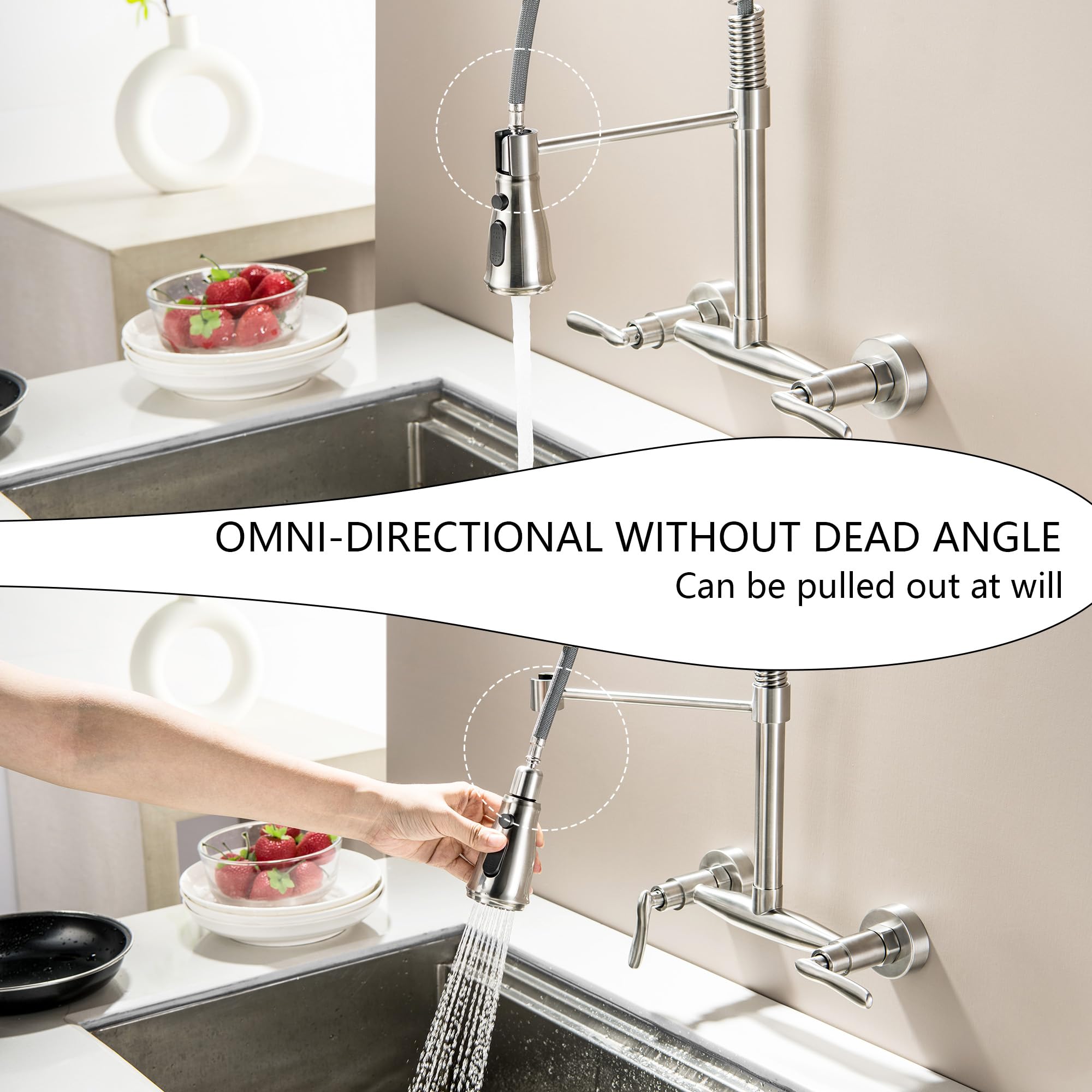 Guoyindong Wall Mount Kitchen Faucets, Wall Mounted Kitchen Faucet 8 Inch Center Brushed Nickel Wall Kitchen Sink Faucets With Sprayer