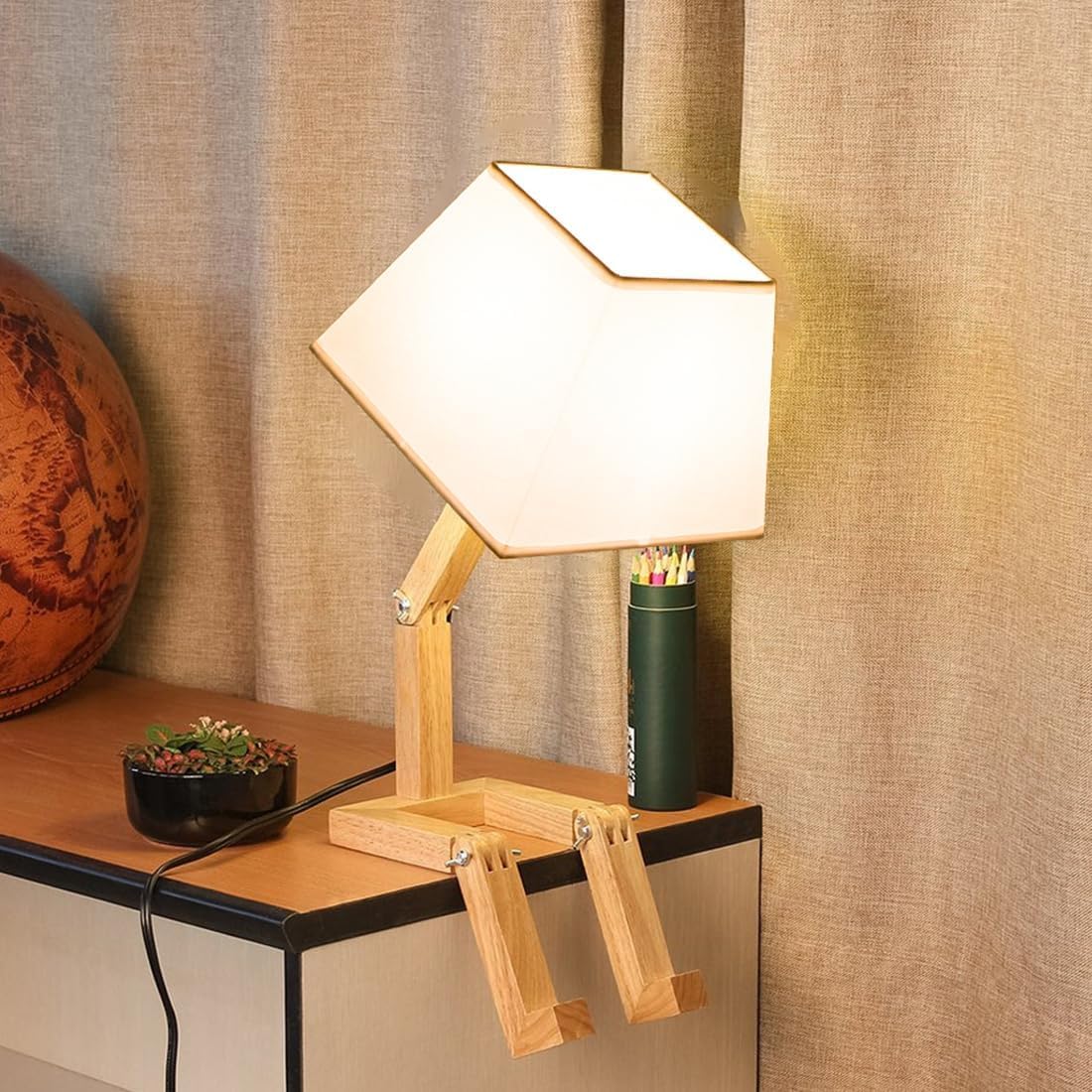Tongnida Cute Desk Lamp,Dimmable Robot Table Lamps,Square Lampshade Bedside Light With Foldable Solid Wood Body,Funny Kids Lamp For Nightstand,Bedroom,Study,Kids Room,Living Room