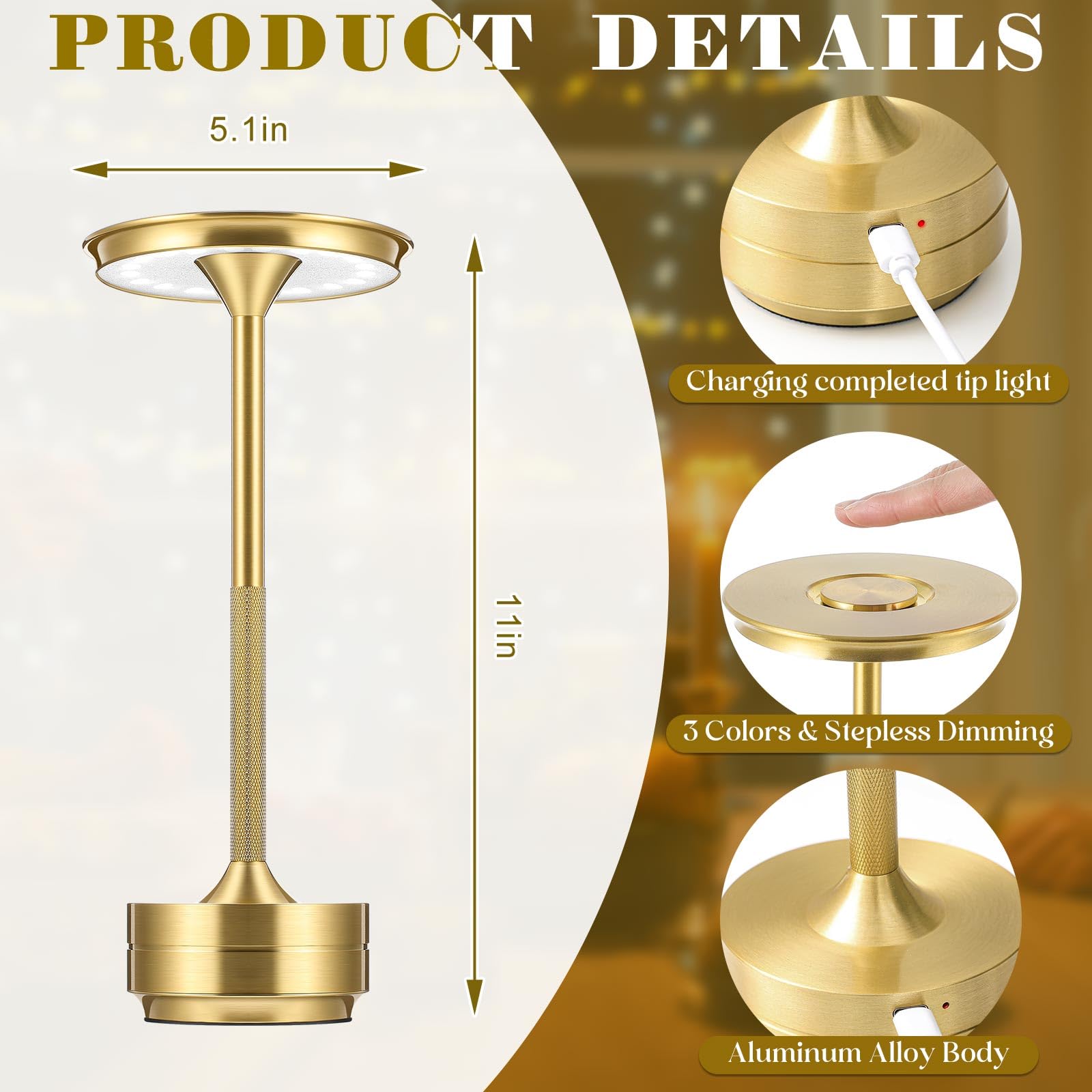 Glooglitter 2 Pcs Led Cordless Table Lamp Rechargeable 5000Mah Battery Operated Table Lamp With Touch Sensor 3 Color Stepless Dimming Portable Desk Light Up To 48 Hours For Home Restaurant Outdoor