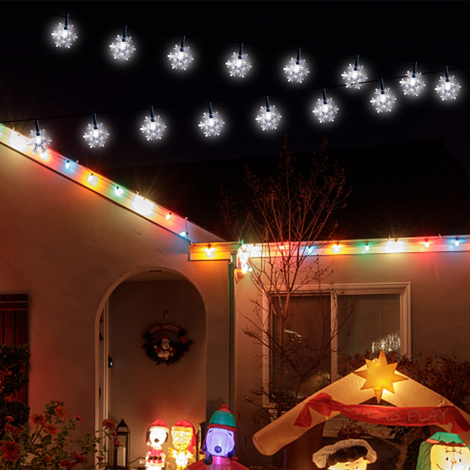 Twinkle Star Solar Snowflake String Lights, 100 Led 33 Ft Outdoor Christmas Fairy Lights, 8 Lighting Modes & Waterproof For Holiday Year Wedding Party, Xmas Tree, Garden Decor, Cool White