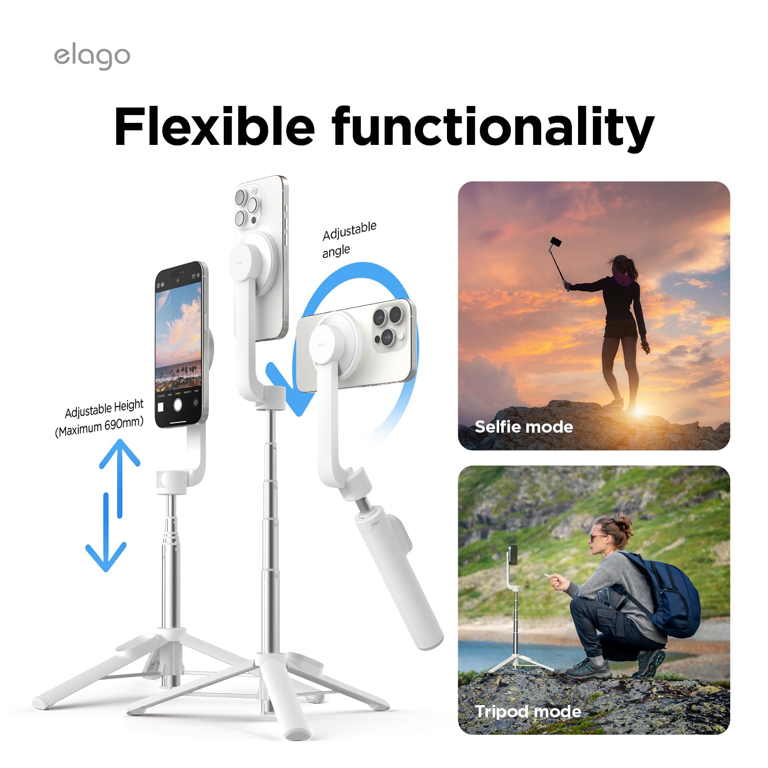 Elago Magnetic Selfie Stick Tripod Compatible With Magsafe For Iphone And Galaxy, Strong Magnetism, Portable, Lightweight, Extendable [Pouch, Bluetooth Remote, Guide Sticker Included] [White]