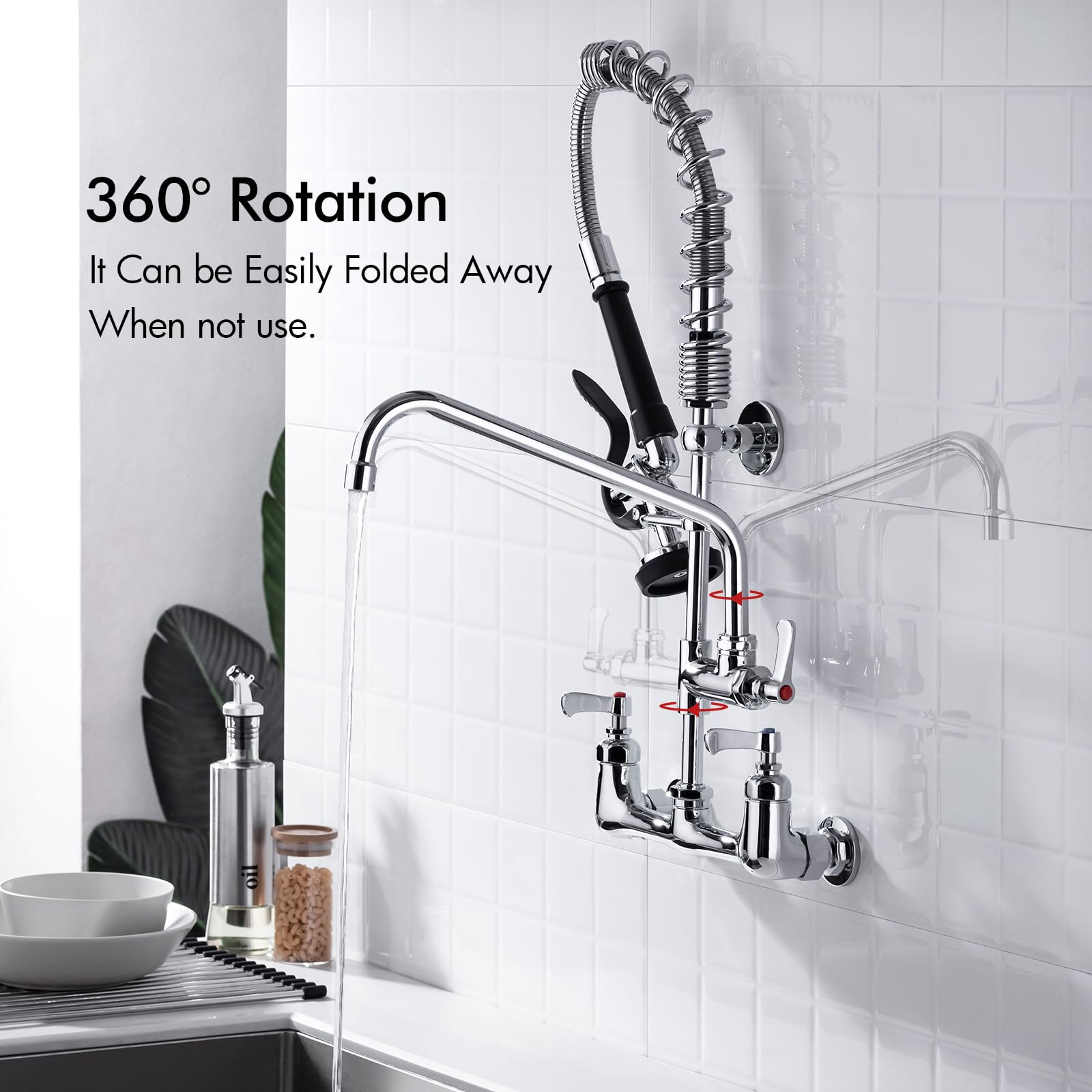 Bagnolux Commercial Sink Faucet, 8" Center Wall Mount Base With Pull Out Spray 9.6" Add-On Swing Spout 25" Height, Double Handle Pre Rinse Sprayer Commercial Rv Kitchen Faucet With Ceramic Valve
