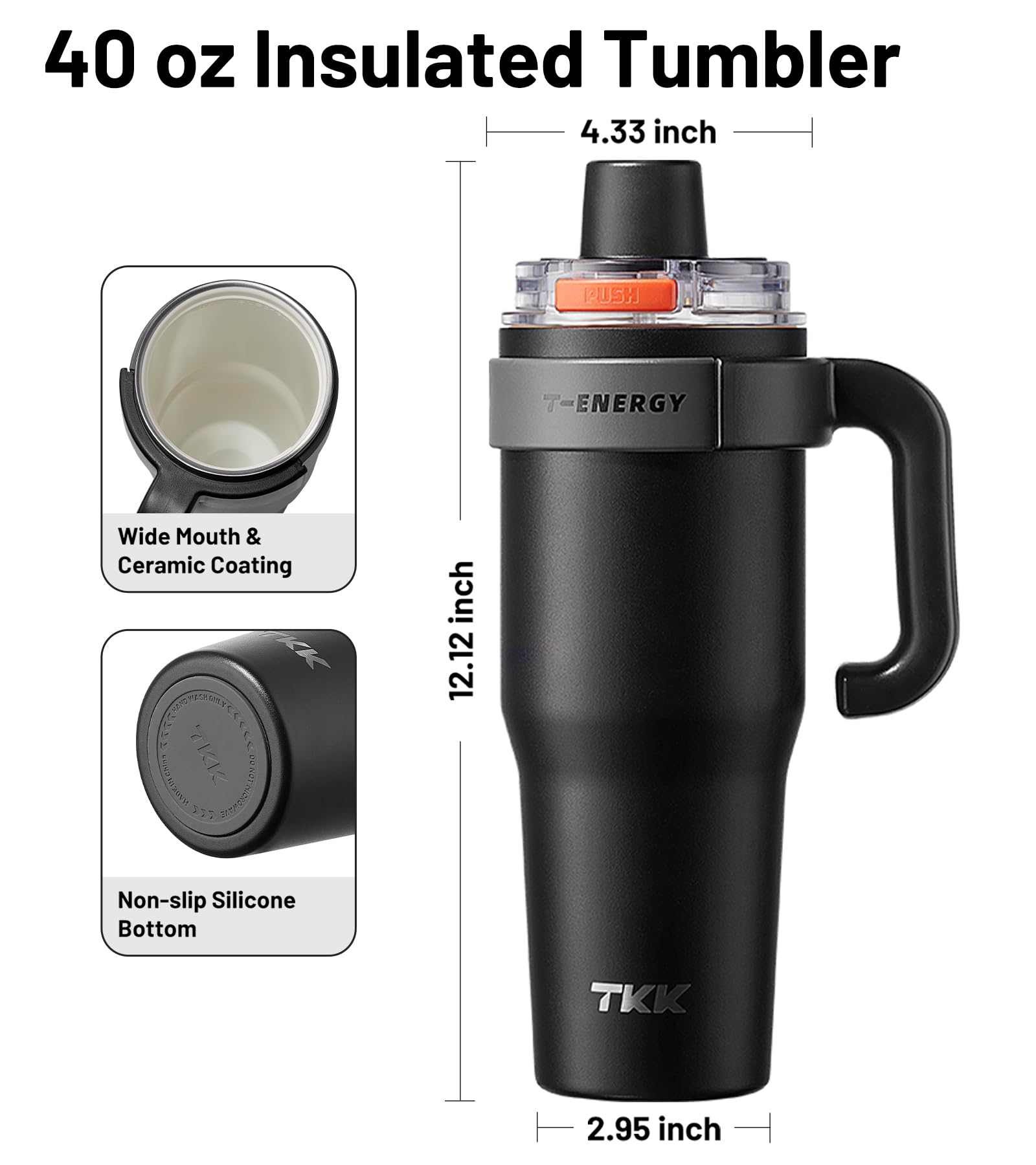 Tkk 40 Oz Insulated Tumblers With Handle And Straw, Stainless Steel Travel Mug With Ceramic Coating