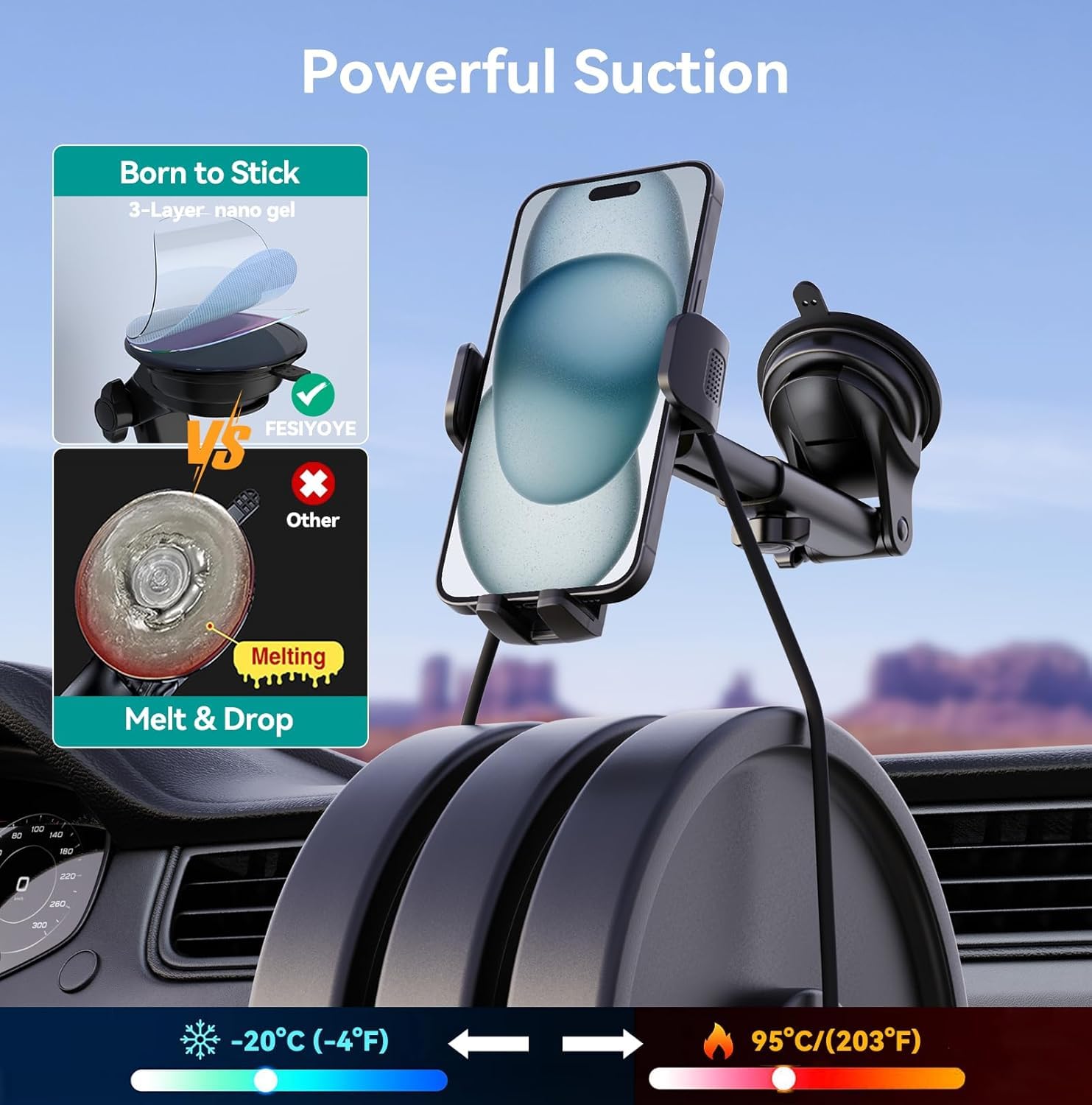 Fesiyoye Phone Holders For Your Car [Ultra-Durable Suction] Cell Phone Car Mount For Dashboard Windshield Air Vent Universal Automotive Accessories Car Mount Cradles Fit For Iphone Android Smartphones