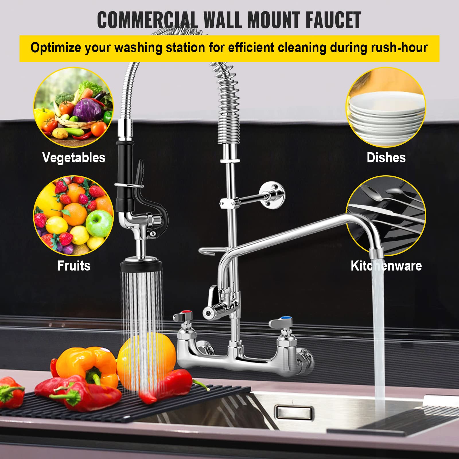 Vevor Commercial Faucet With Pre-Rinse Sprayer, 8" Adjustable Center Wall Mount Kitchen Faucet With 12" Swivel Spout, 25" Height Compartment Sink Faucet For Industrial Restaurant, Lead- Brass