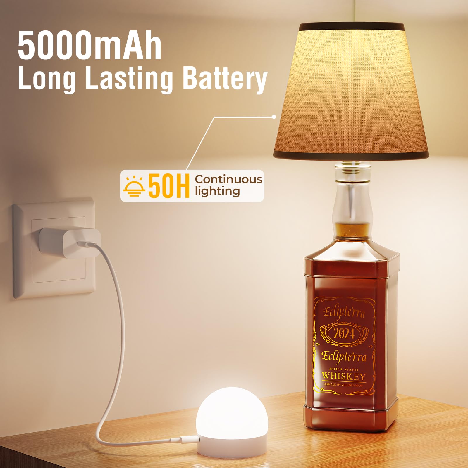 Eclipterra Cordless Led Bottle Lamp 5000Mah Battery Portable Wireless Table Lamp Wine Bottle Lamp For Indoor Outdoor Dining Bedroom With Remote (Black, 1 Pack)