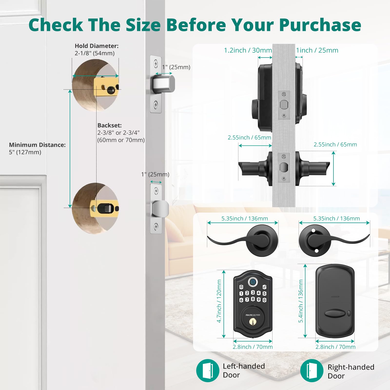 Akagear Keyless Entry Door Lock With Handle - 2 Lever Handles, Fingerprint Door Locks, Electronic Keypad Deadbolt, 2 Keys, Smart Doors Lock, Auto-Lock & One Touch Locking, Easy Installation