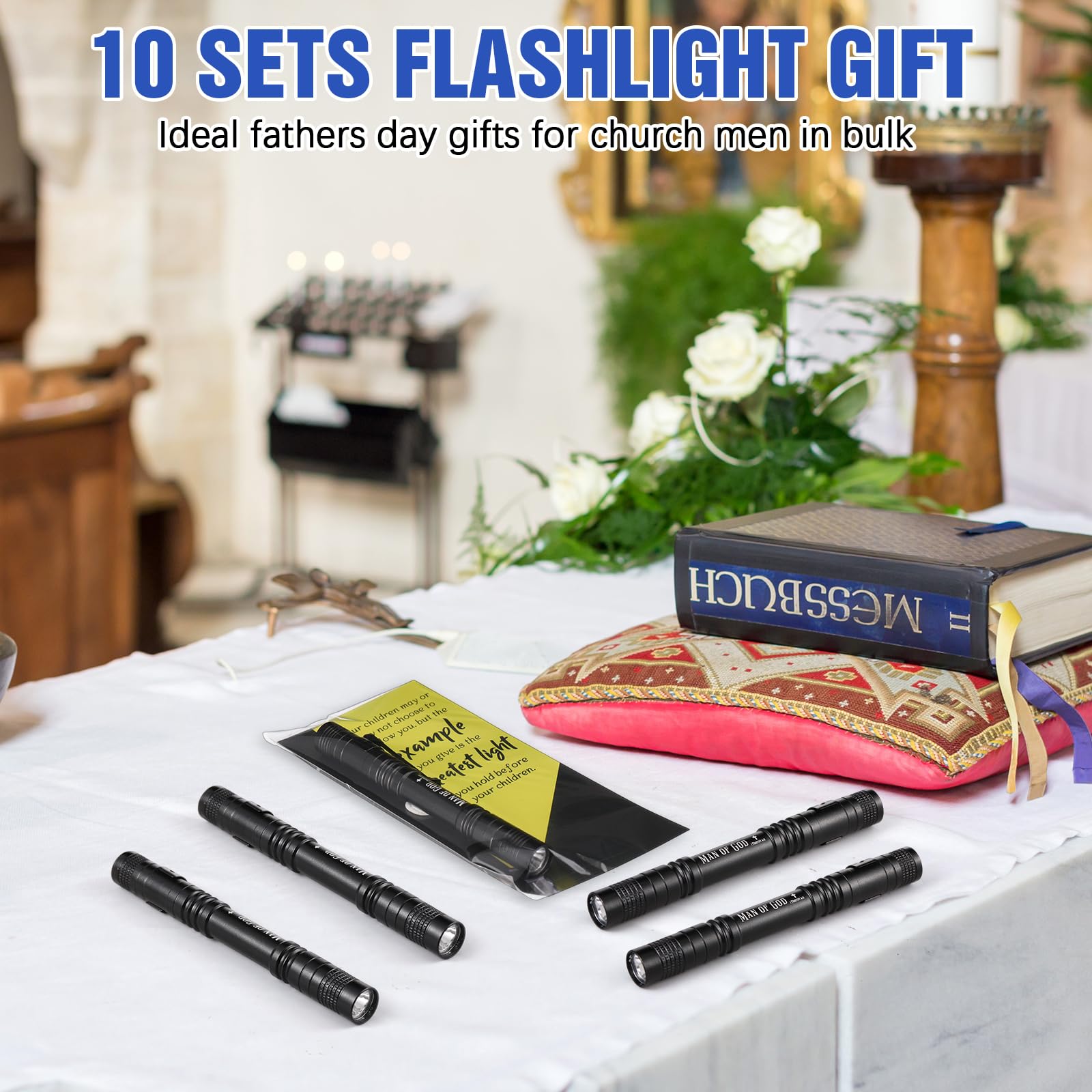Coume 10 Sets Fathers Day Pen Flashlight  For Men Small Pocket Flashlight With Motivational Bible Verse Cards Appreciation  For Church Bulk Dad Husband, Not Include Batteries